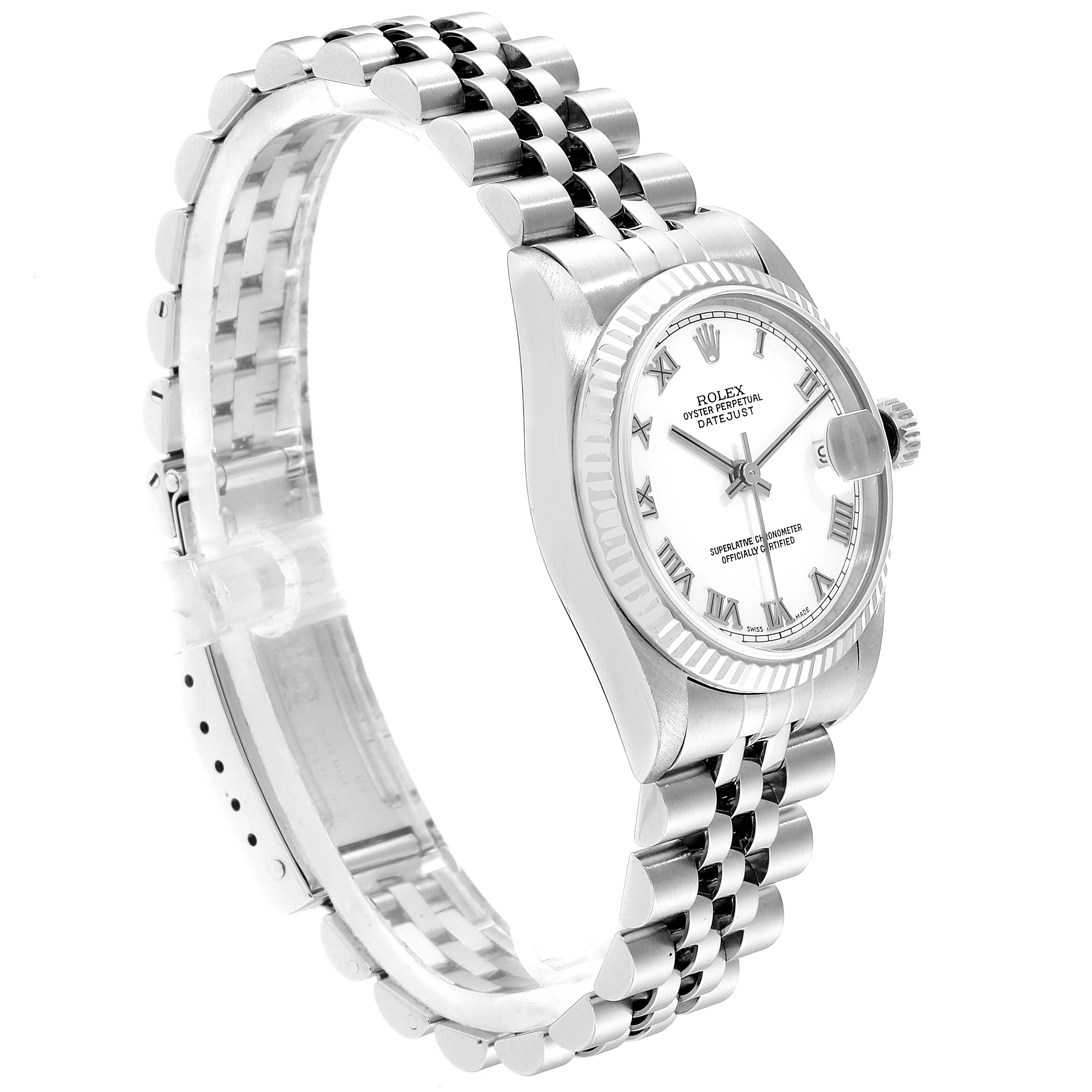This image shows a side-angle view of a Rolex Mid-Size 78274 Women
s Stainless Steel White Dial 78274 Women
s Stainless Steel White Dial model watch, highlighting the face, bezel, and bracelet.
