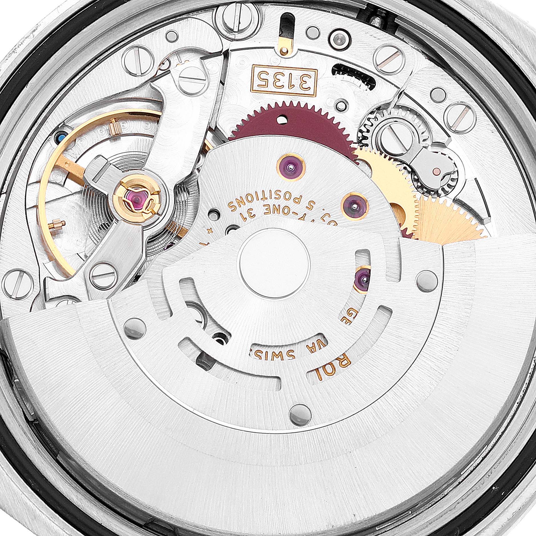 This image shows a close-up view of the movement and internal mechanism of a Rolex Datejust 116244 Men's Stainless Steel Silver Dial 116244 Men's Stainless Steel Silver Dial watch.