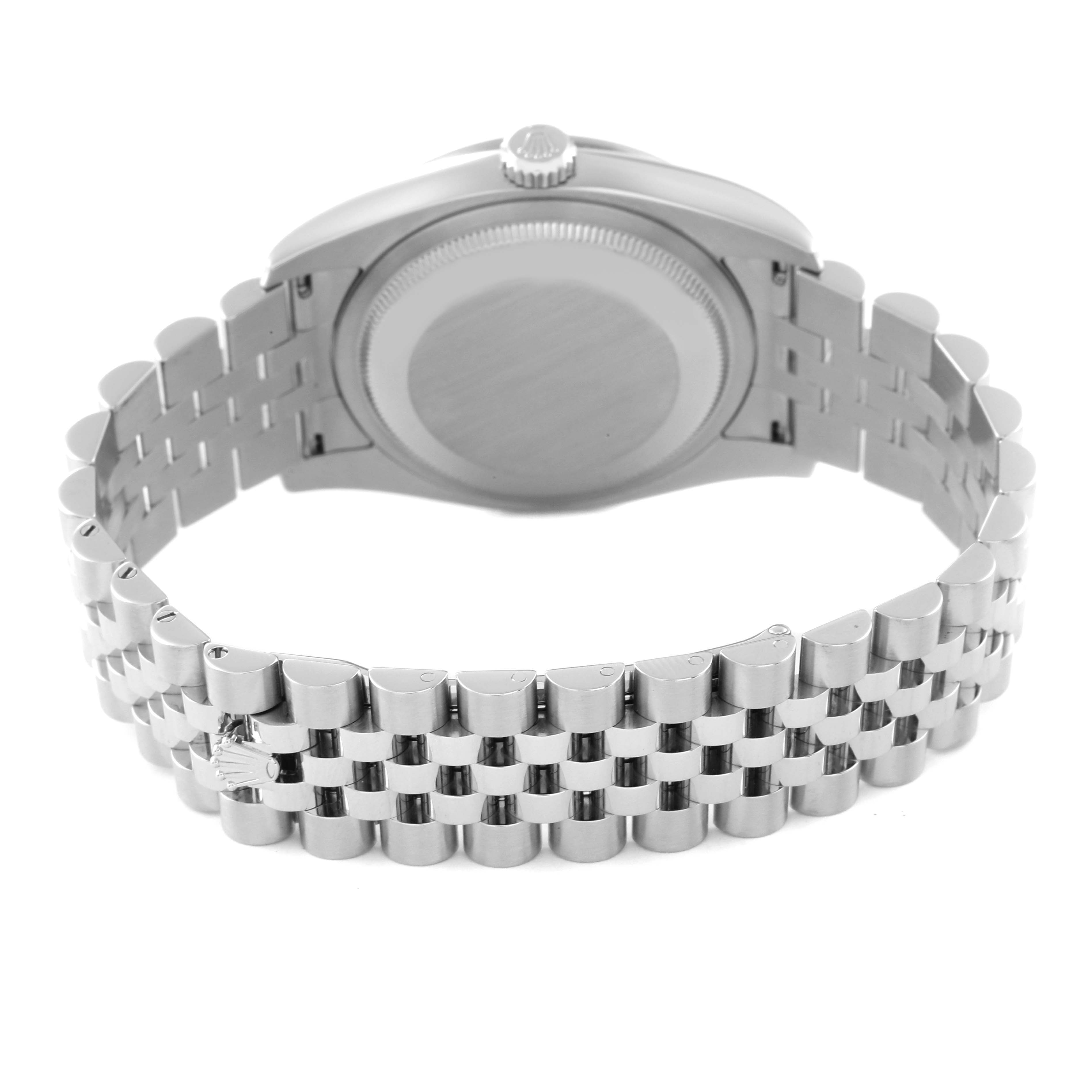 The image shows the back view of a Rolex Datejust 116244 Men's Stainless Steel Silver Dial 116244 Men's Stainless Steel Silver Dial watch, highlighting the case back and Jubilee bracelet.
