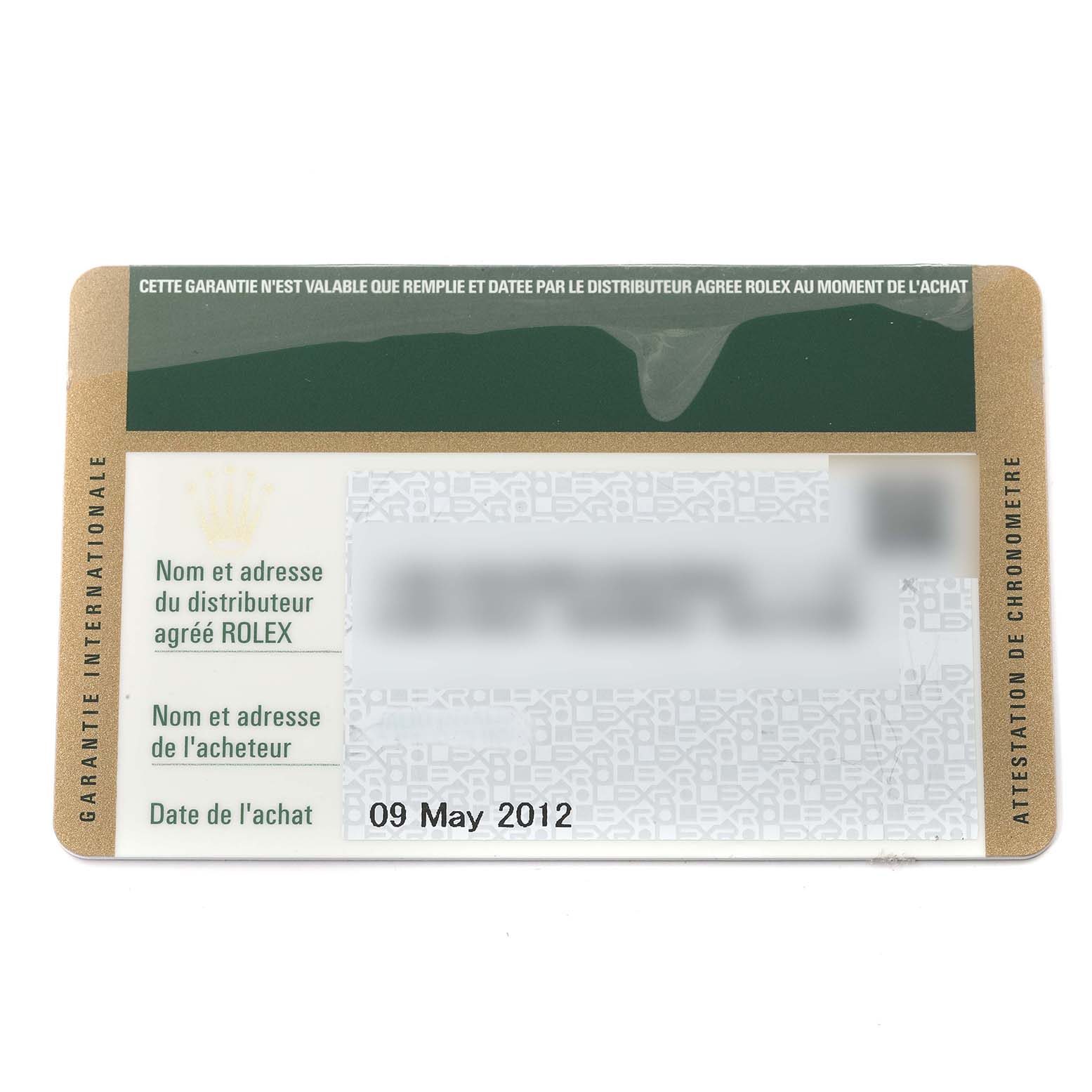 The image shows the warranty card for a Rolex Datejust 116244 Men's Stainless Steel Silver Dial 116244 Men's Stainless Steel Silver Dial model, dated 09 May 2012.