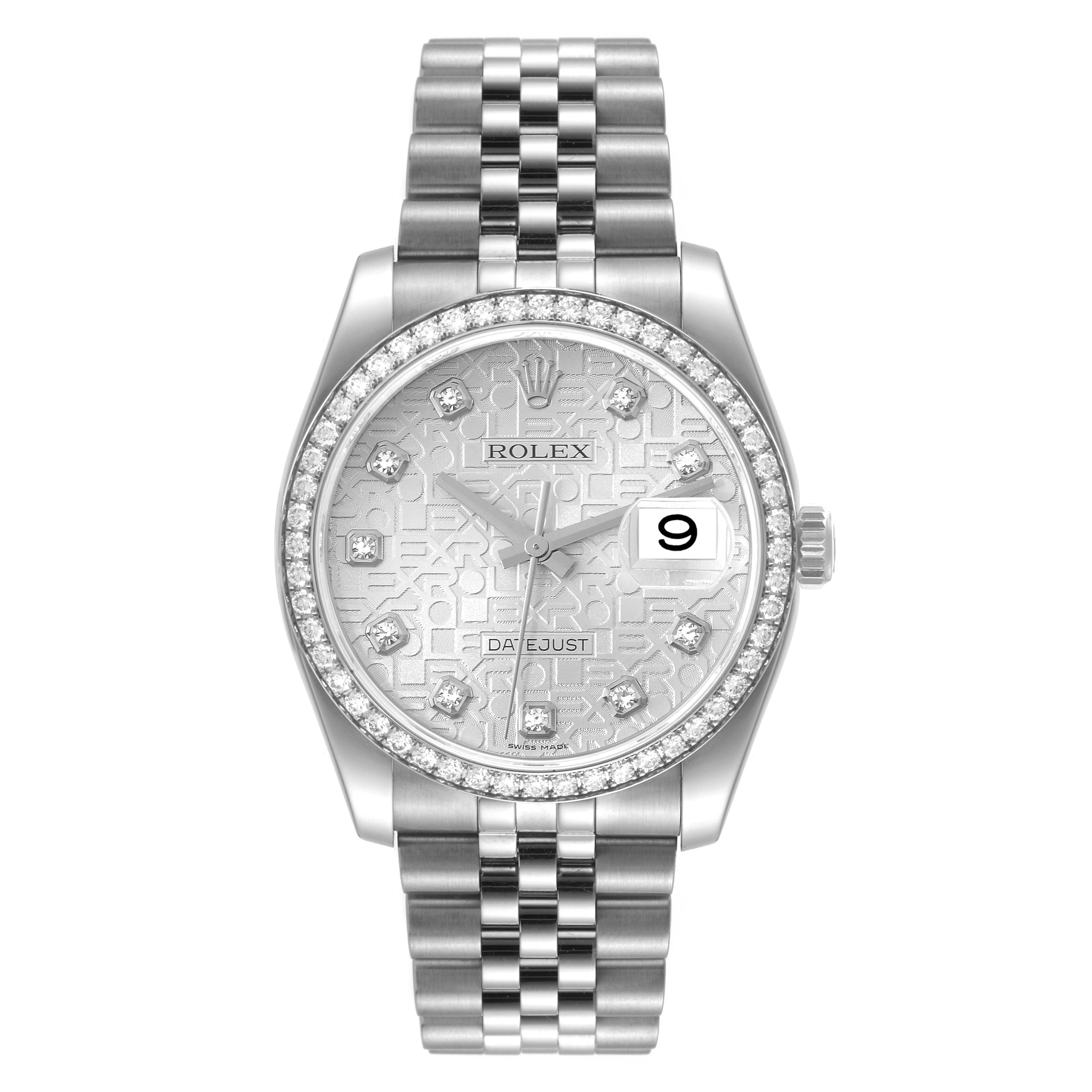 This image shows a front view of the Rolex Datejust 116244 Men's Stainless Steel Silver Dial 116244 Men's Stainless Steel Silver Dial watch, featuring a stainless steel band and a diamond-encrusted bezel.