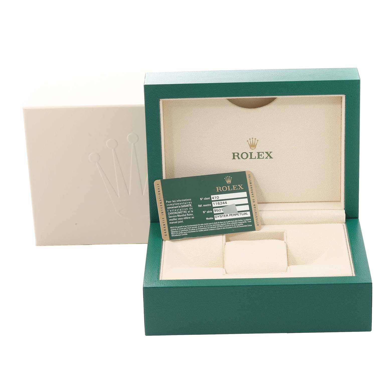 This image shows a green Rolex Datejust 116244 Men's Stainless Steel Silver Dial 116244 Men's Stainless Steel Silver Dial watch box, with the lid open, and an authenticity card inside.