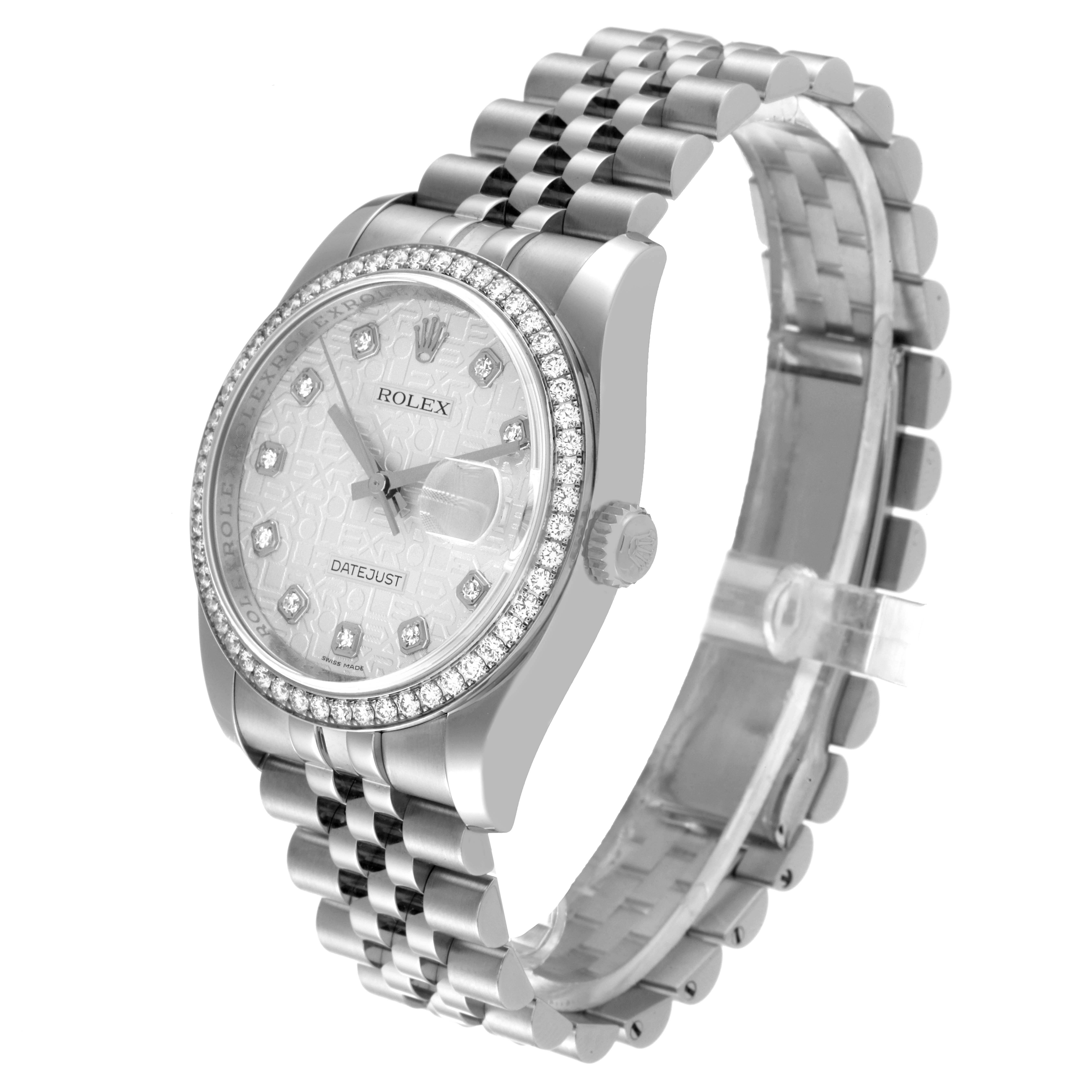 The Rolex Datejust 116244 Men's Stainless Steel Silver Dial 116244 Men's Stainless Steel Silver Dial watch is shown at an angled side view, highlighting its detailed face, bezel, and metal bracelet.