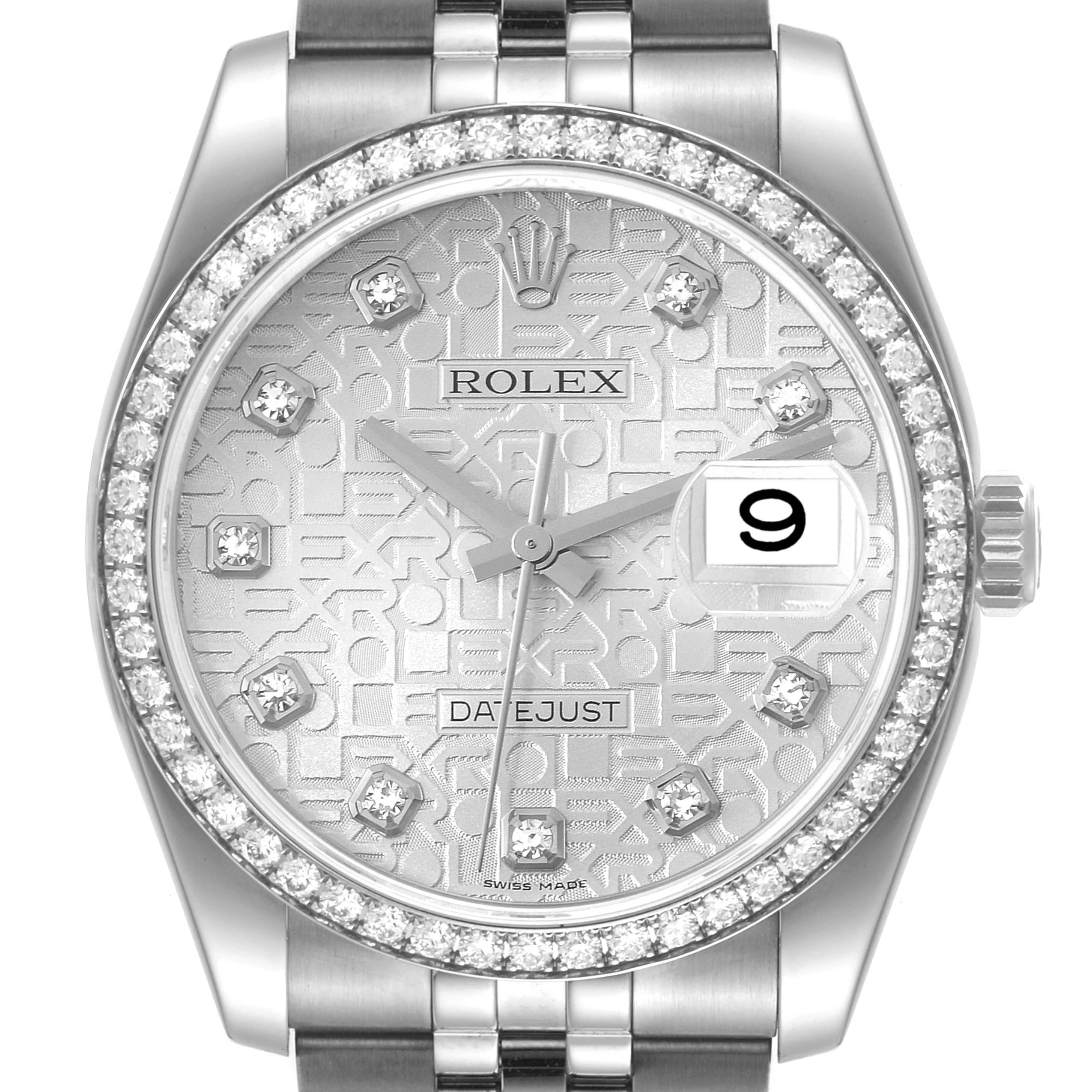 The image shows a front view of a Rolex Datejust 116244 Men's Stainless Steel Silver Dial 116244 Men's Stainless Steel Silver Dial watch, highlighting its diamond bezel, dial, and date window.