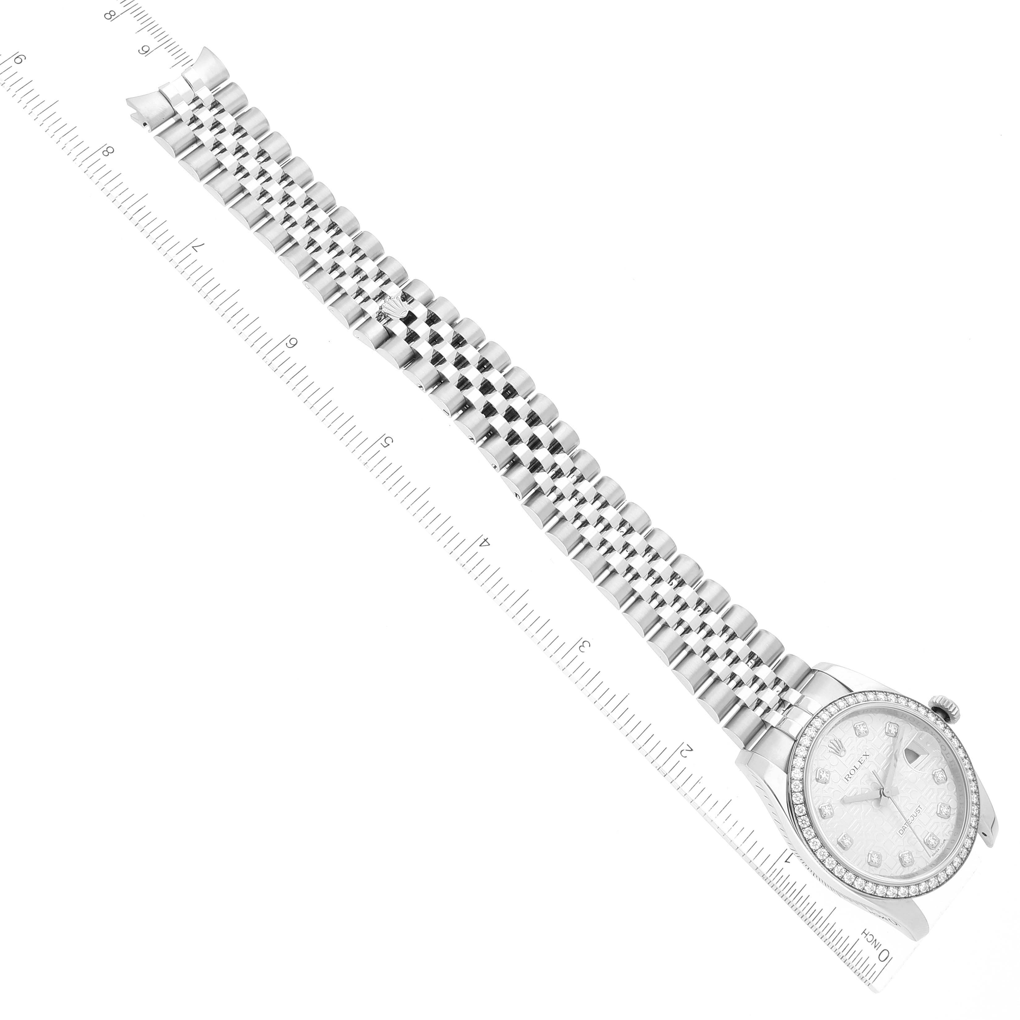 The Rolex Datejust 116244 Men's Stainless Steel Silver Dial 116244 Men's Stainless Steel Silver Dial watch is shown from an overhead angle, displaying the full bracelet, dial, and bezel.