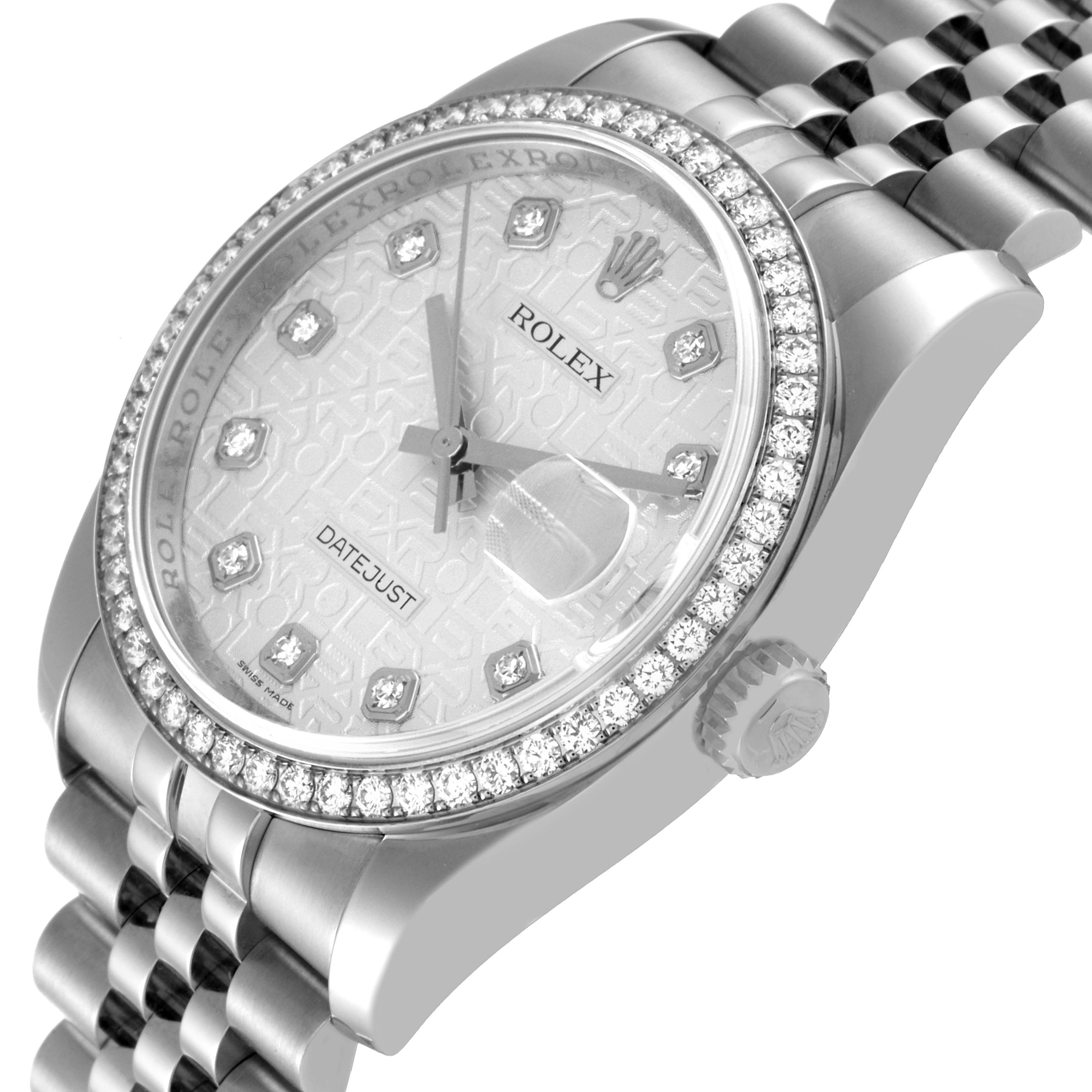 This image shows a close-up angled view of the Rolex Datejust 116244 Men's Stainless Steel Silver Dial 116244 Men's Stainless Steel Silver Dial watch highlighting the bezel, dial, crown, and part of the bracelet.