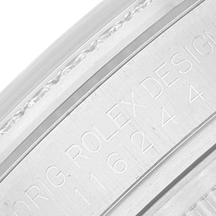 This close-up image shows the engraved details on the side of the Rolex Datejust 116244 Men's Stainless Steel Silver Dial 116244 Men's Stainless Steel Silver Dial watch case.