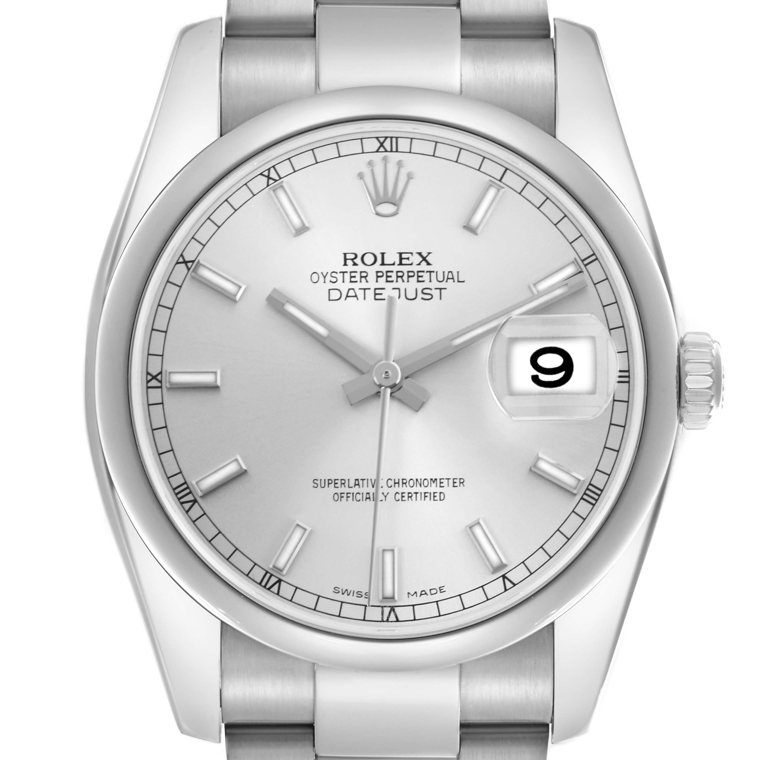The Rolex Datejust 116200 Men's Stainless Steel Silver Dial 116200 Men's Stainless Steel Silver Dial watch is shown from a front angle, displaying its dial, hands, crown, and part of the bracelet.