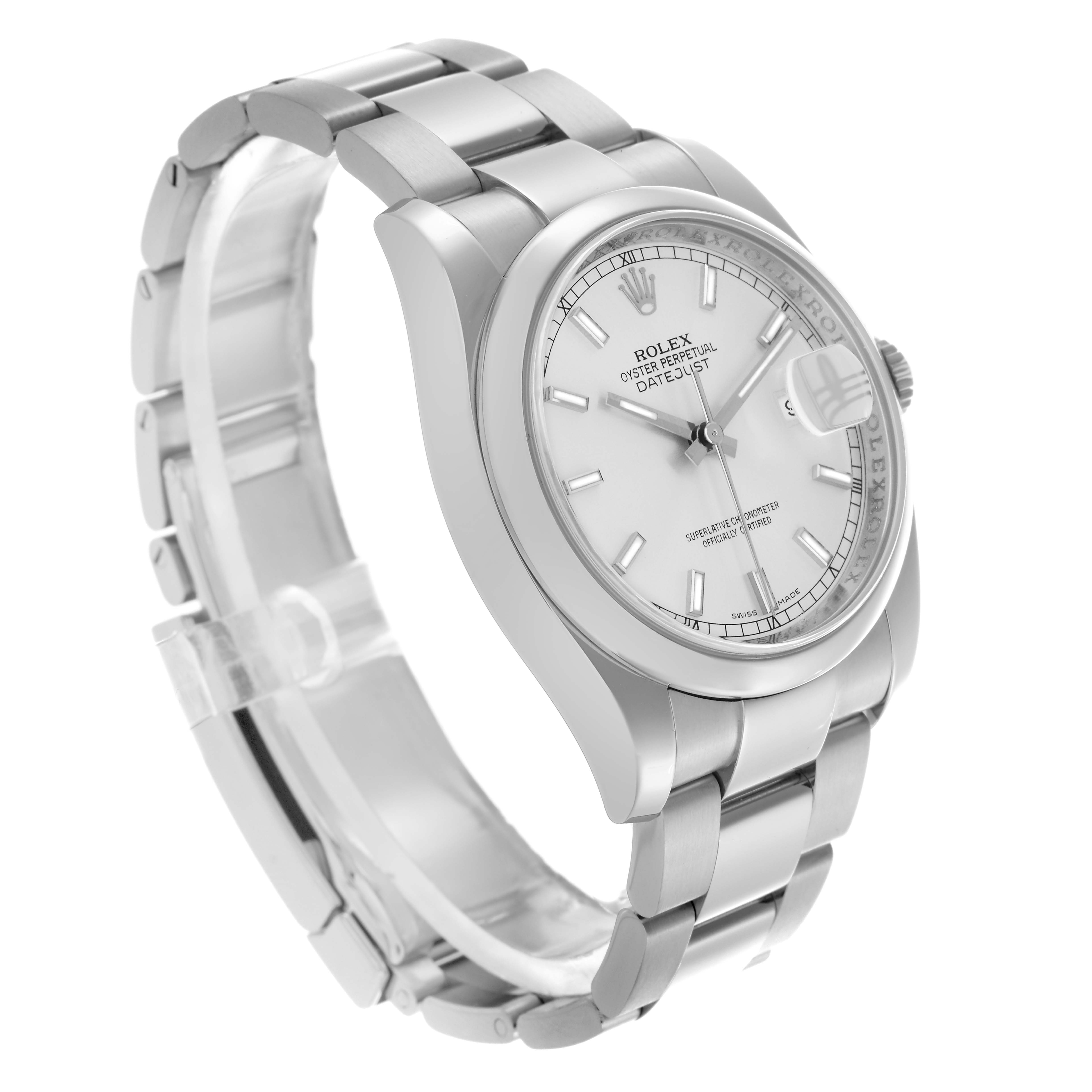 The Rolex Datejust 116200 Men's Stainless Steel Silver Dial 116200 Men's Stainless Steel Silver Dial watch is shown at a three-quarter angle, highlighting the face, bezel, and part of the bracelet.