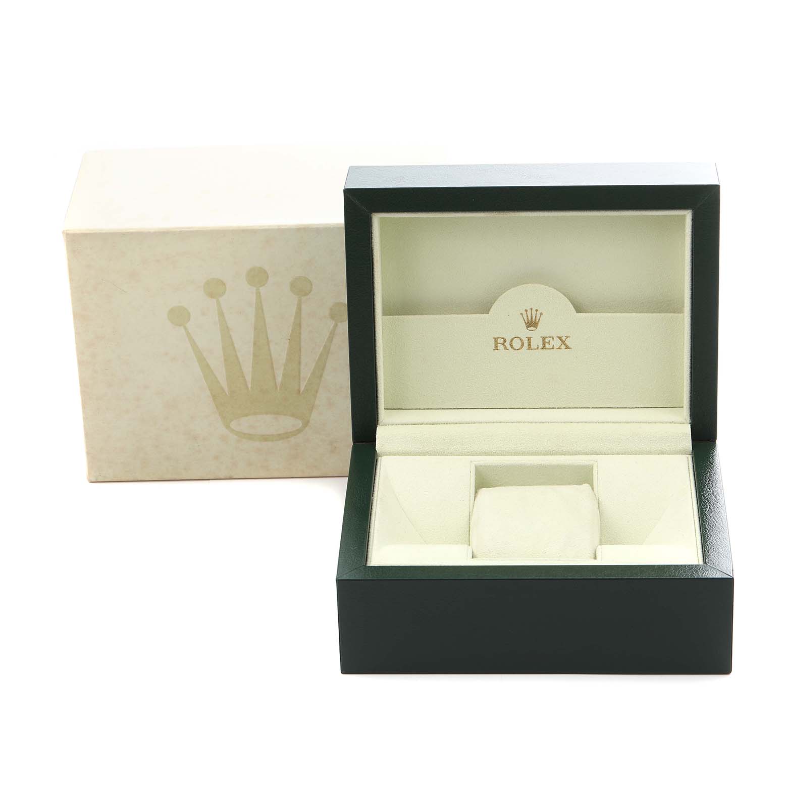 The image shows a Rolex Datejust 116200 Men's Stainless Steel Silver Dial 116200 Men's Stainless Steel Silver Dial watch box with an open lid, revealing a cushioned interior for the watch.