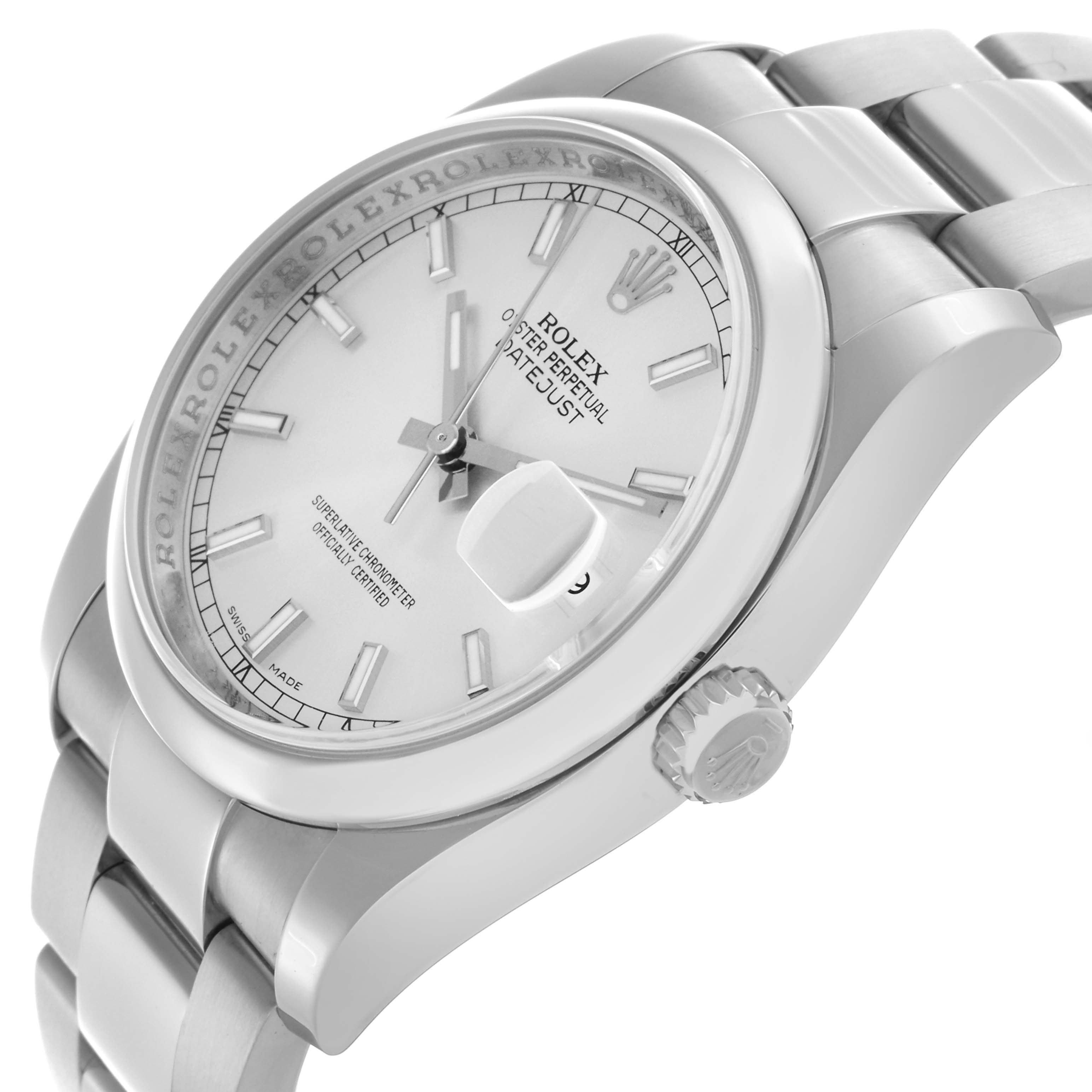 The Rolex Datejust 116200 Men's Stainless Steel Silver Dial 116200 Men's Stainless Steel Silver Dial watch is shown at a three-quarter angle, highlighting the dial, case, crown, and part of the bracelet.