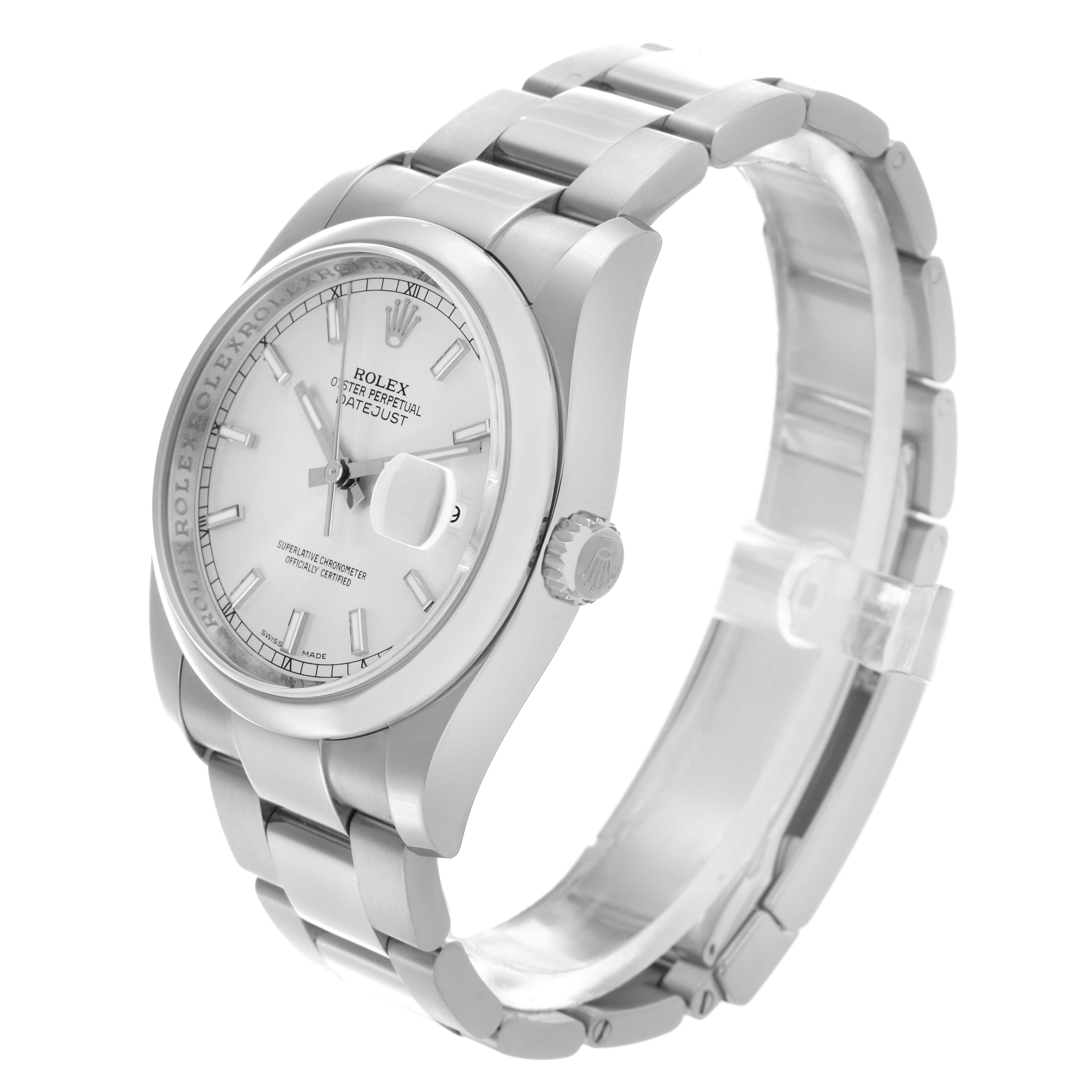 The Rolex Datejust 116200 Men's Stainless Steel Silver Dial 116200 Men's Stainless Steel Silver Dial watch is shown at a three-quarter angle, displaying the dial, bezel, and bracelet.