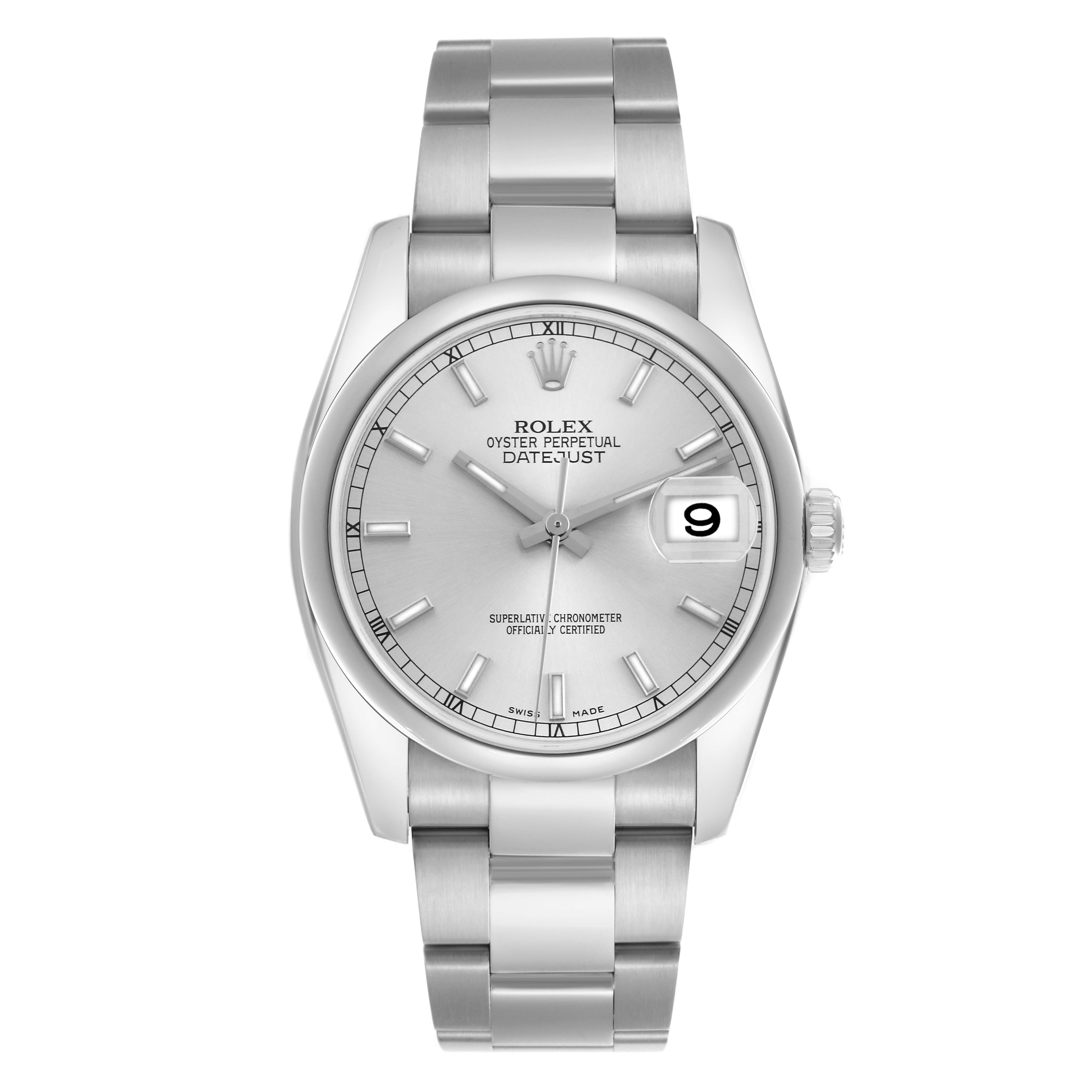 The Rolex Datejust 116200 Men's Stainless Steel Silver Dial 116200 Men's Stainless Steel Silver Dial watch is shown from a front angle, displaying the face, hands, markers, date, and bracelet.