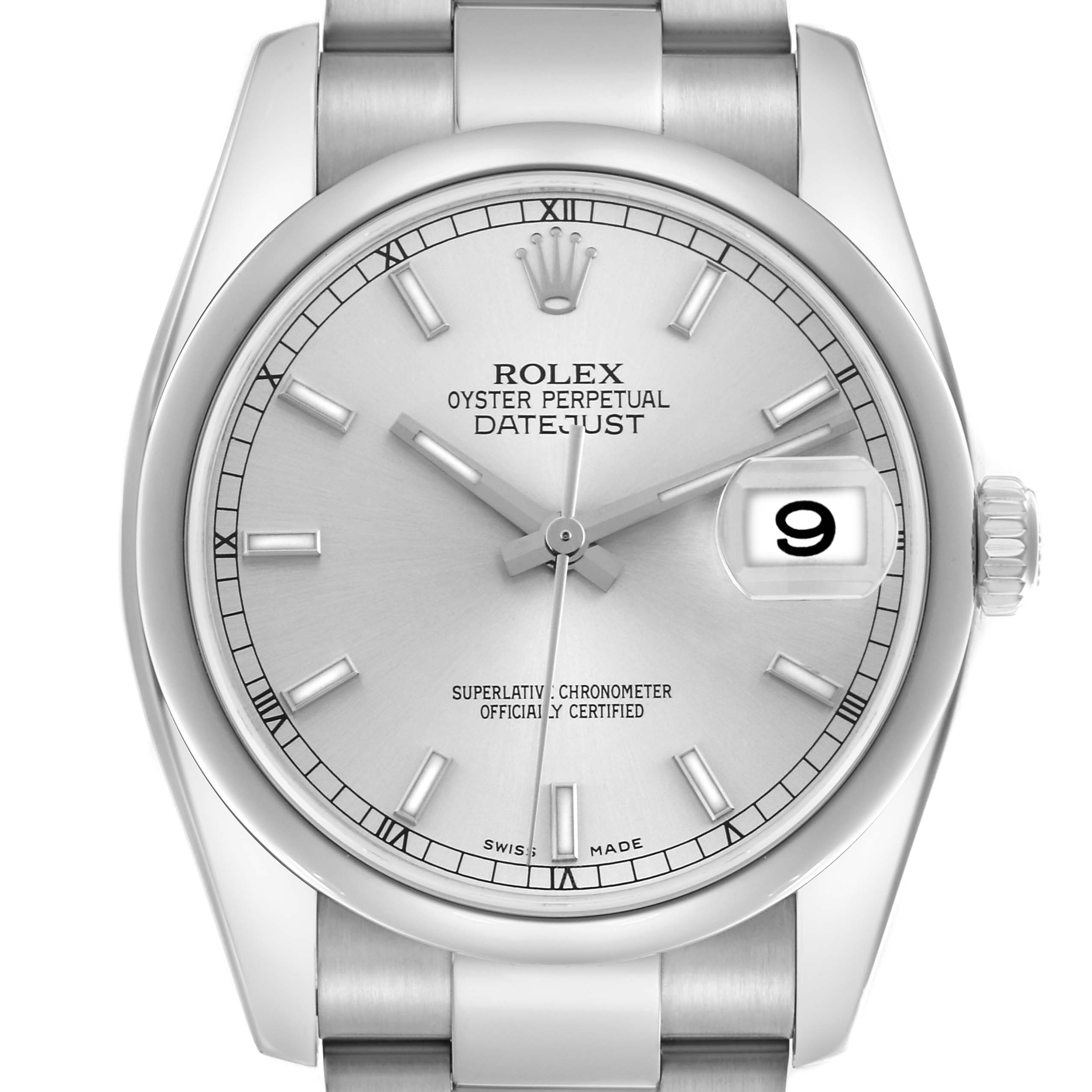 The Rolex Datejust 116200 Men's Stainless Steel Silver Dial 116200 Men's Stainless Steel Silver Dial watch is shown from a front angle, displaying its dial, hands, date window, bezel, and part of the bracelet.