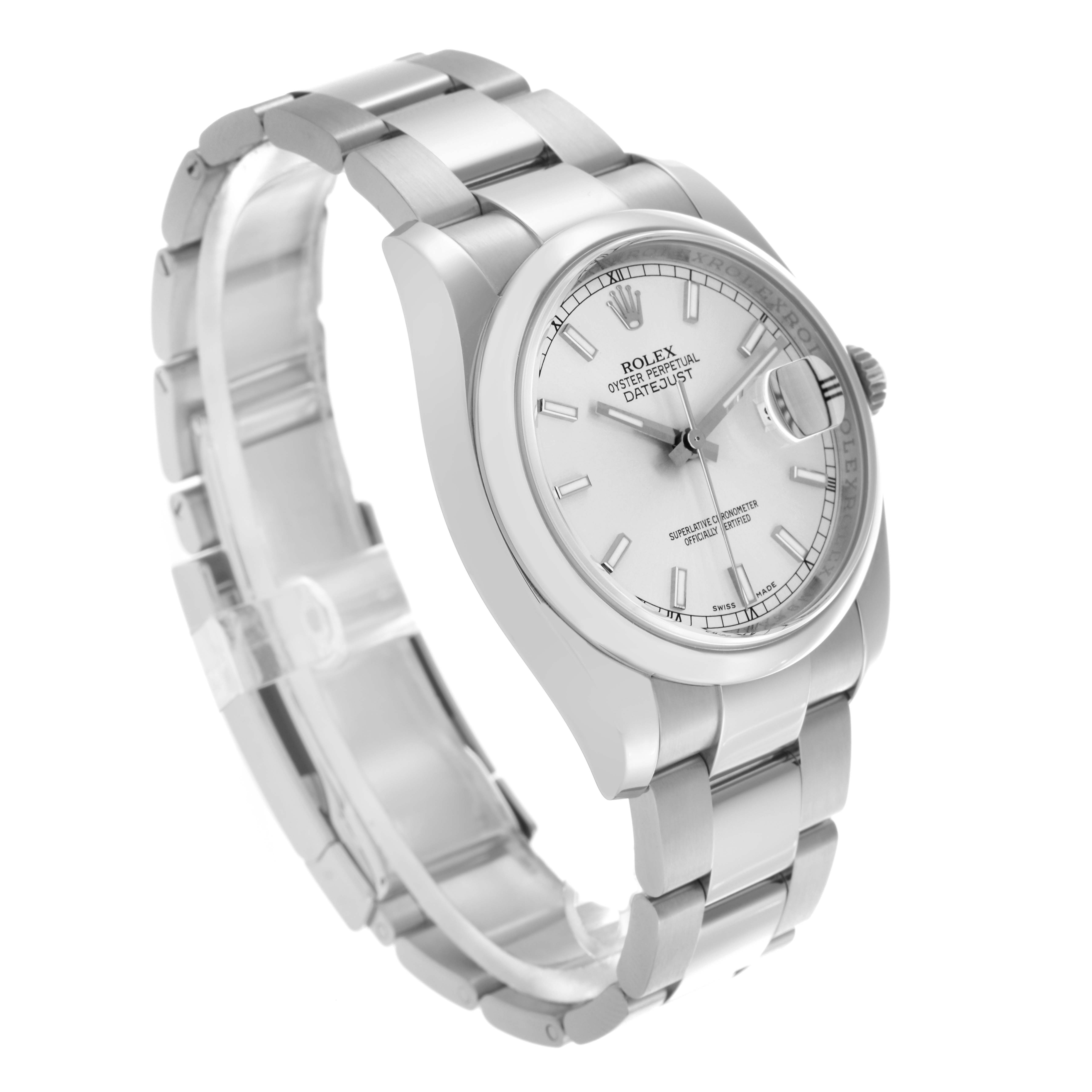 The Rolex Datejust 116200 Men's Stainless Steel Silver Dial 116200 Men's Stainless Steel Silver Dial watch is shown at a three-quarter angle, highlighting the dial, bezel, crown, and bracelet.