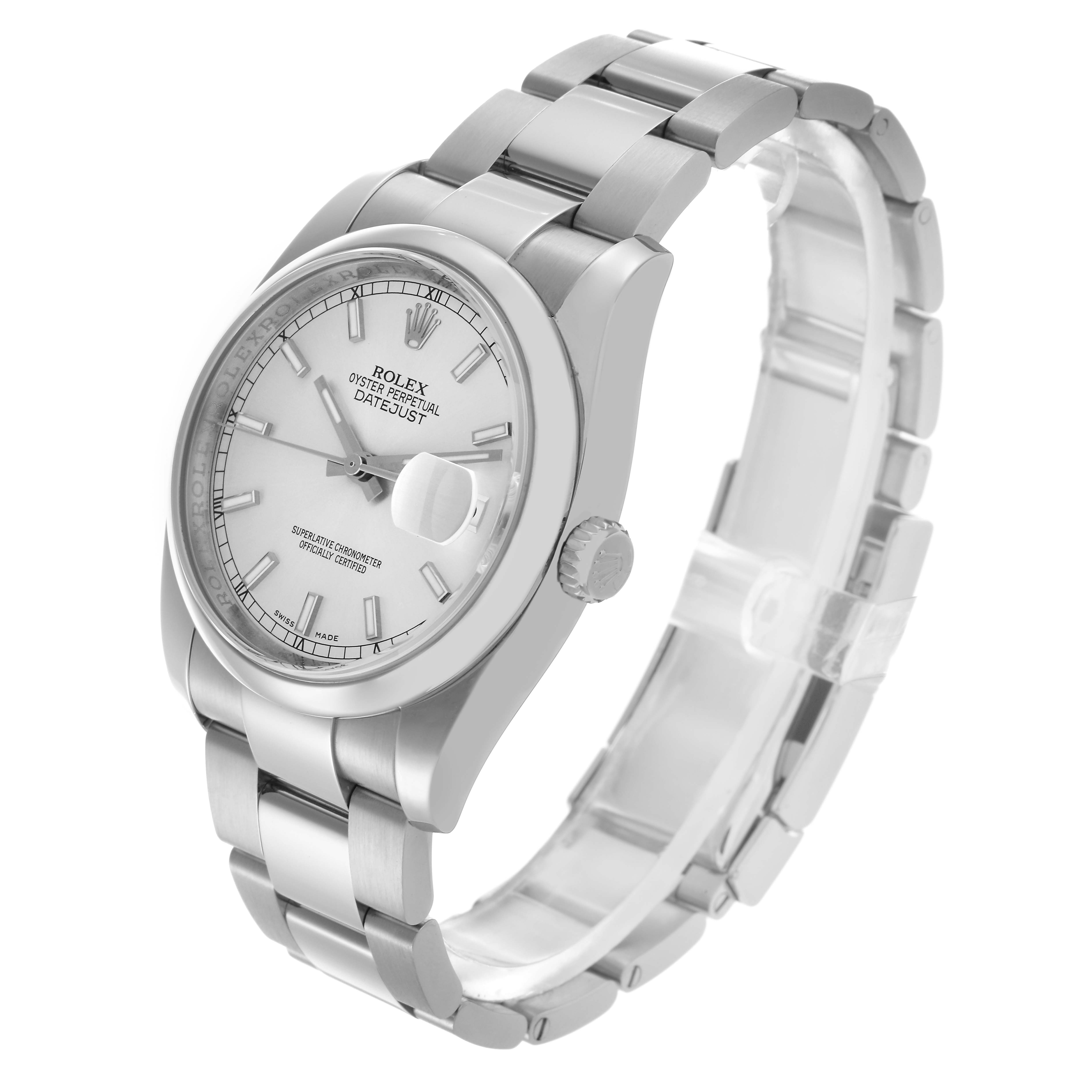 The Rolex Datejust 116200 Men's Stainless Steel Silver Dial 116200 Men's Stainless Steel Silver Dial watch is shown at a front-side angle, highlighting the face, bezel, and bracelet.
