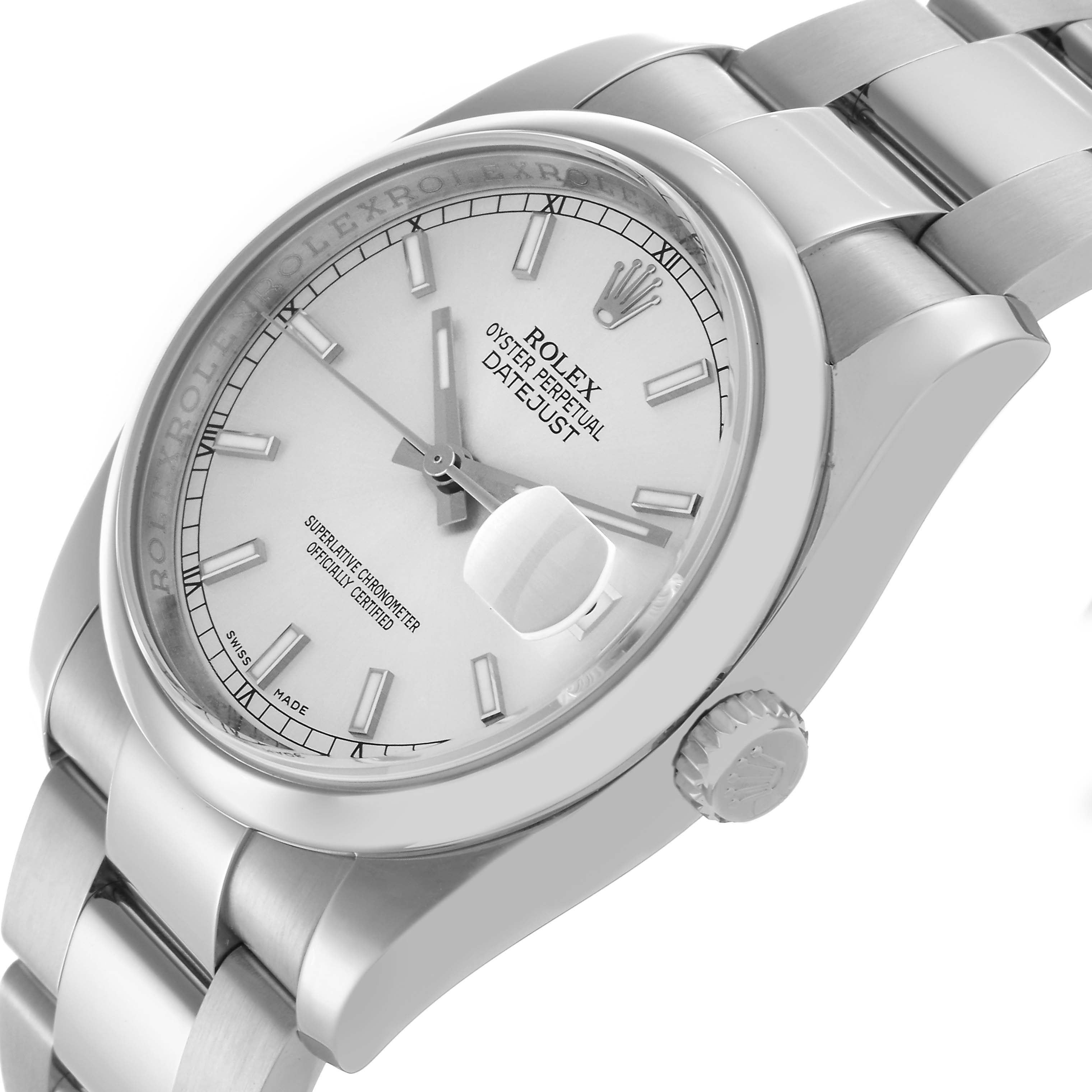 The Rolex Datejust 116200 Men's Stainless Steel Silver Dial 116200 Men's Stainless Steel Silver Dial watch is shown at a side angle, highlighting the dial, bracelet, crown, and Cyclops lens.