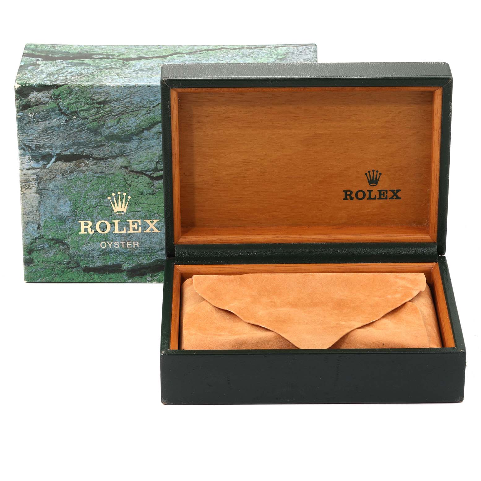 The image shows the open box and outer green printed box for a Rolex Datejust 16233 Men
s Steel and Gold (two tone) Champagne Dial 16233 Men
s Steel and Gold (two tone) Champagne Dial watch, revealing a suede pouch inside.