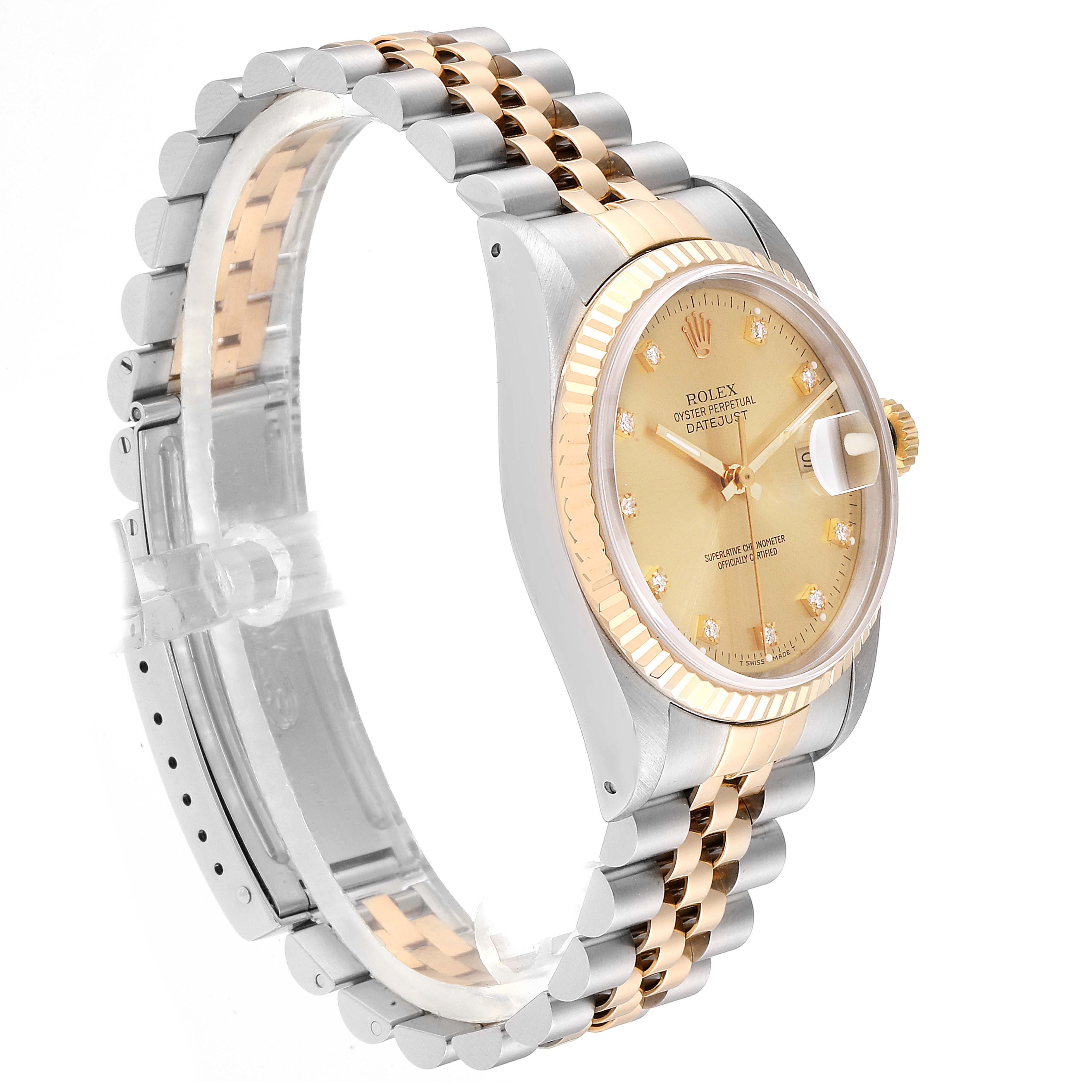 The image shows a Rolex Datejust 16233 Men
s Steel and Gold (two tone) Champagne Dial 16233 Men
s Steel and Gold (two tone) Champagne Dial watch from a 3/4 angle, highlighting its two-tone Jubilee bracelet, fluted bezel, and champagne dial.