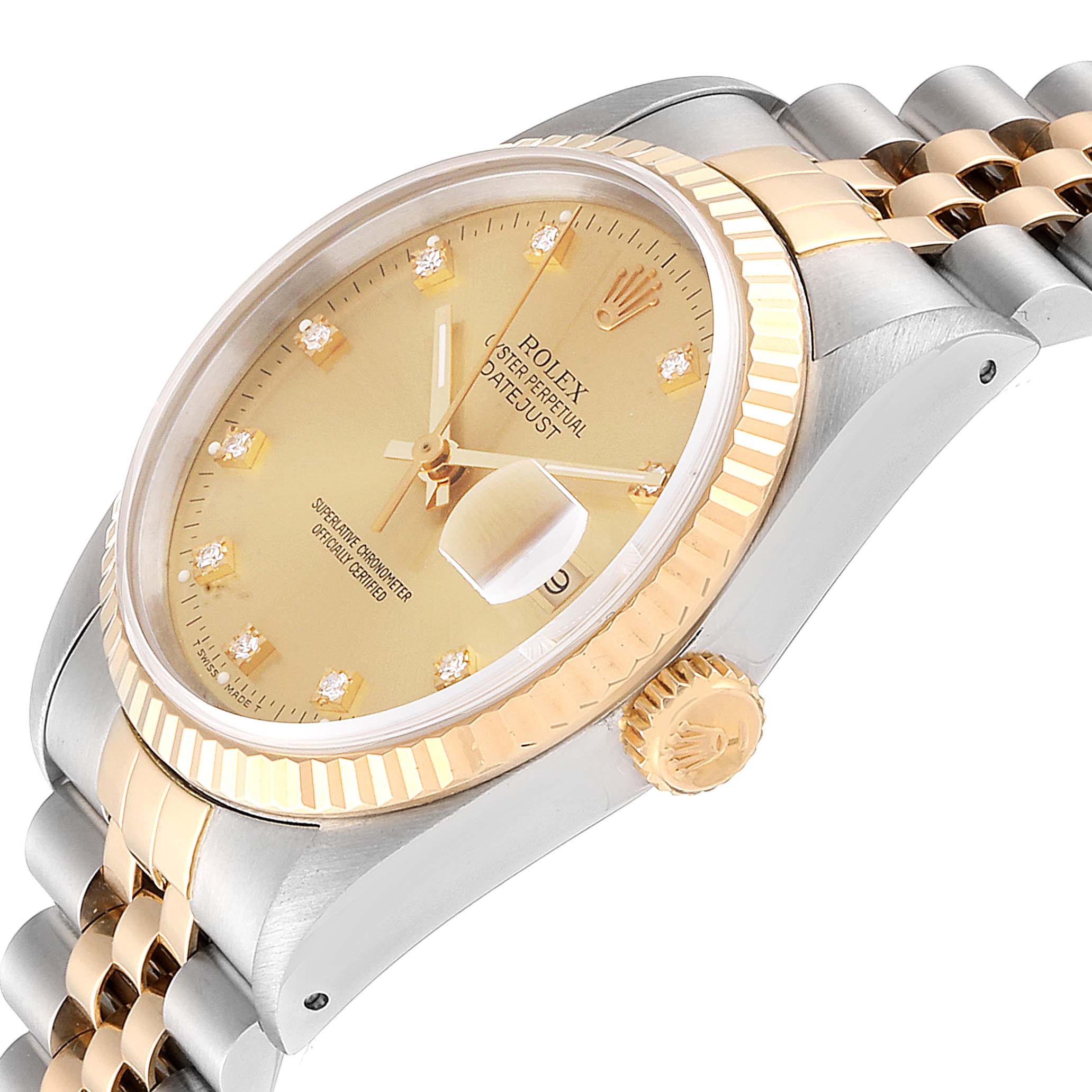 This image shows a close-up, side angle of a Rolex Datejust 16233 Men
s Steel and Gold (two tone) Champagne Dial 16233 Men
s Steel and Gold (two tone) Champagne Dial watch, featuring the crown, bezel, bracelet, and part of the dial.