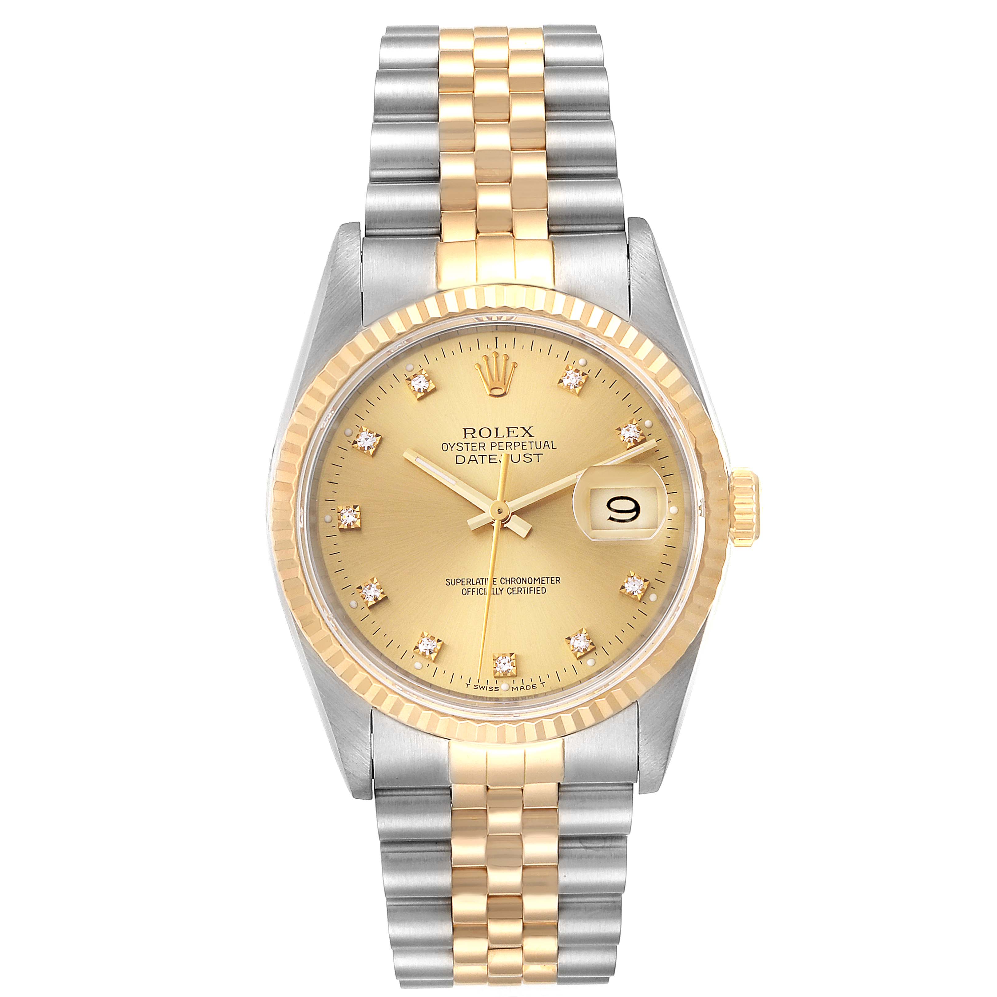 This image shows a frontal view of a Rolex Datejust 16233 Men
s Steel and Gold (two tone) Champagne Dial 16233 Men
s Steel and Gold (two tone) Champagne Dial watch featuring a jubilee bracelet, a gold fluted bezel, and a champagne dial.