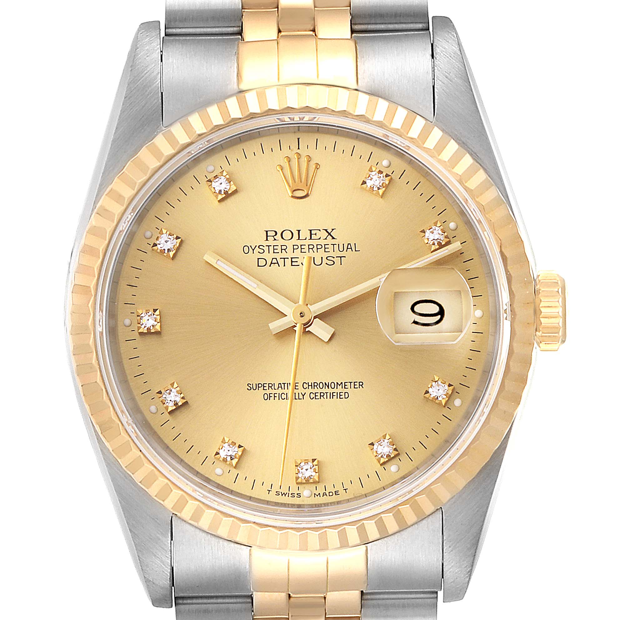 This Rolex Datejust 16233 Men
s Steel and Gold (two tone) Champagne Dial 16233 Men
s Steel and Gold (two tone) Champagne Dial model is shown from the front, highlighting its dial, bezel, crown, and part of the bracelet.