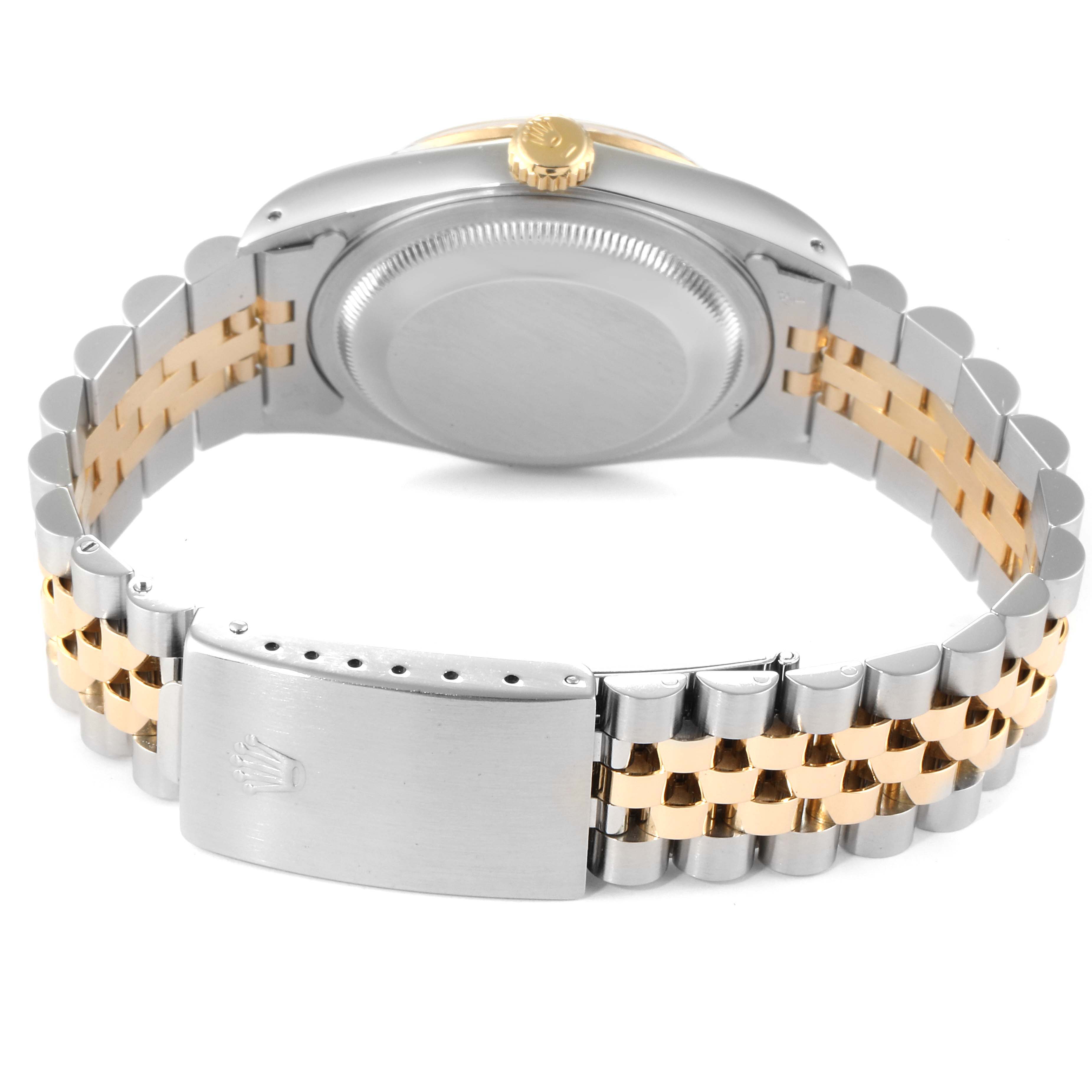 This image shows the back view of a Rolex Datejust 16233 Men
s Steel and Gold (two tone) Champagne Dial 16233 Men
s Steel and Gold (two tone) Champagne Dial, highlighting its case back, crown, and two-tone bracelet with clasp.