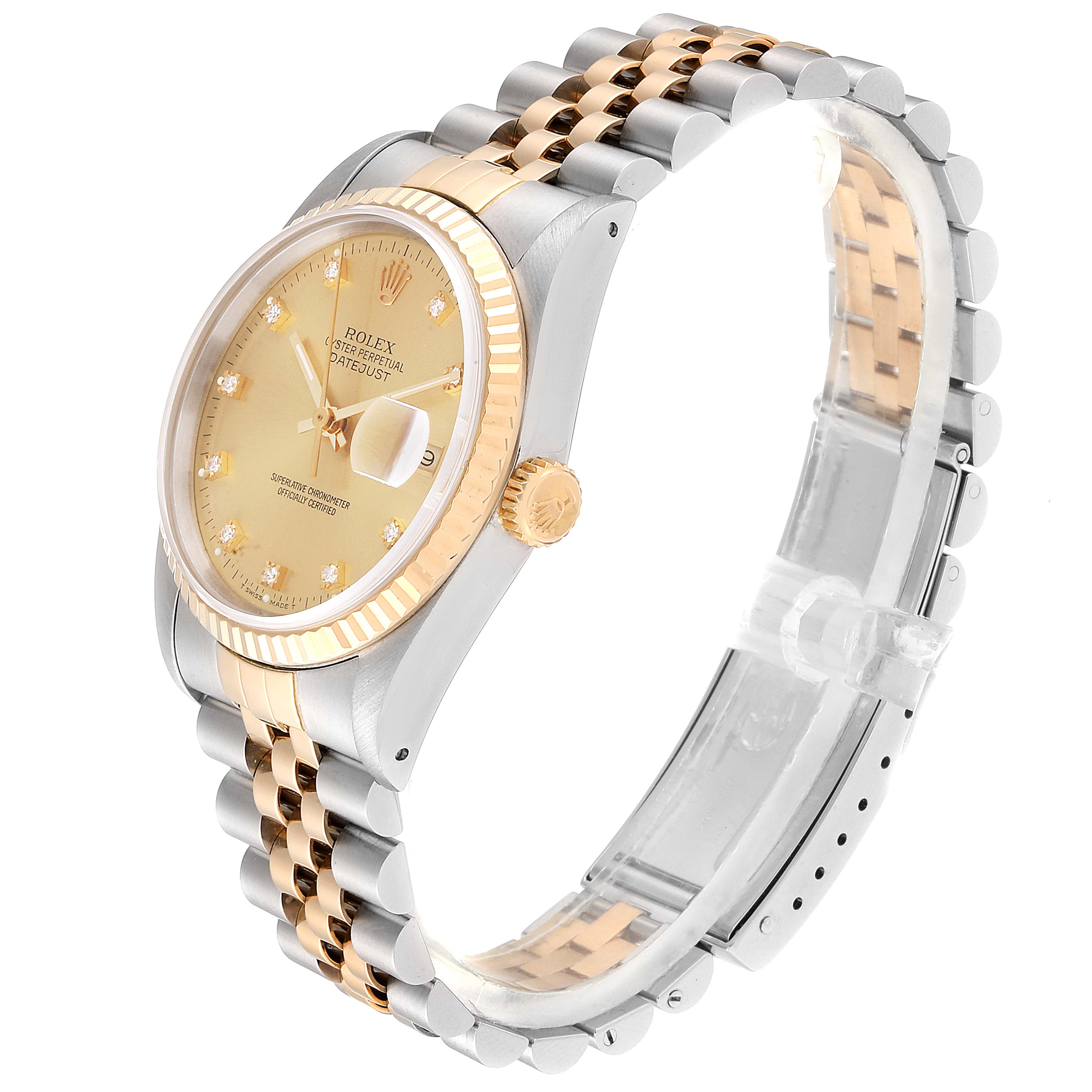 The image shows a Rolex Datejust 16233 Men
s Steel and Gold (two tone) Champagne Dial 16233 Men
s Steel and Gold (two tone) Champagne Dial watch at a three-quarter angle, displaying its gold dial, bezel, and two-tone bracelet.