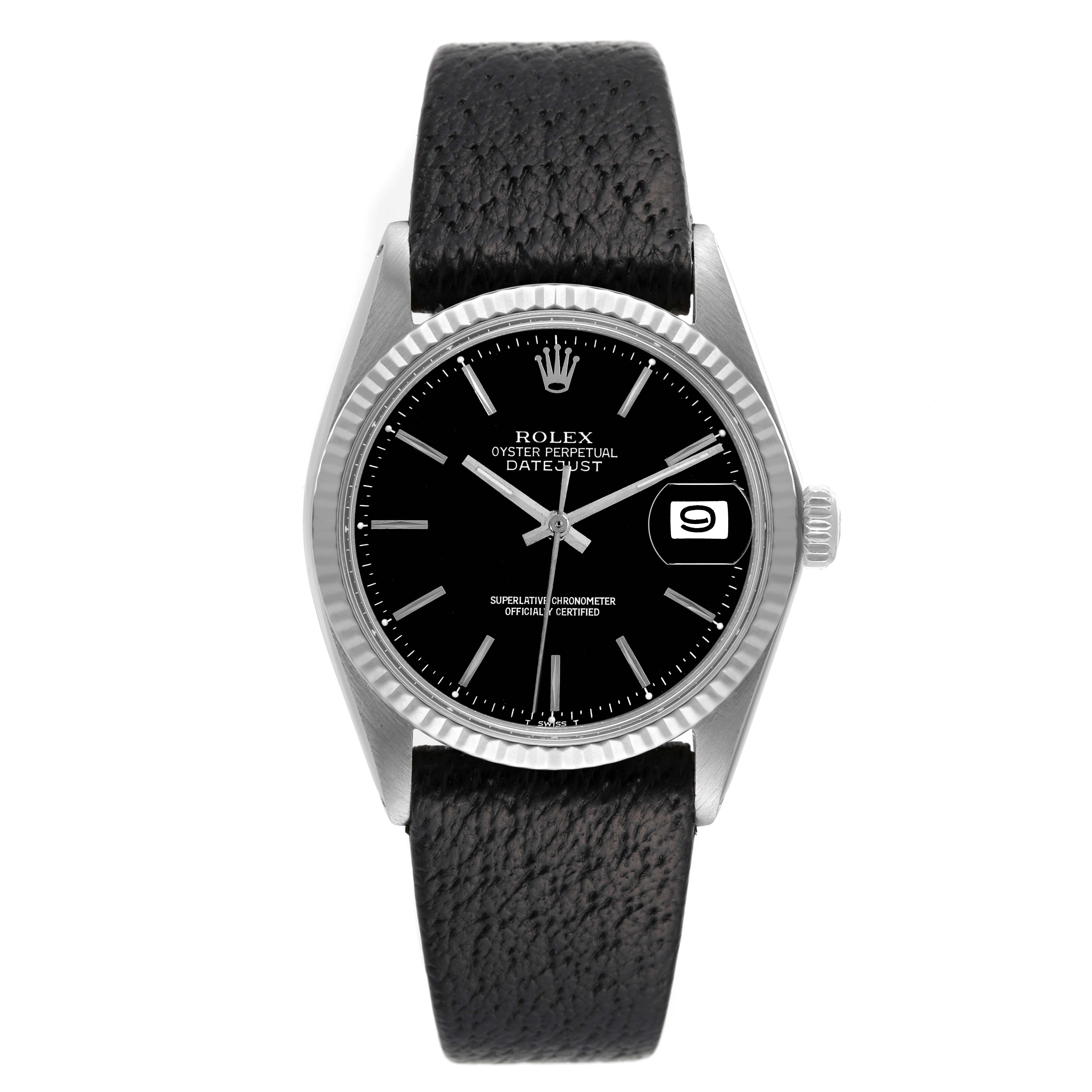 The Rolex Vintage Collection 1601 Men's Stainless Steel Black Dial 1601 Men's Stainless Steel Black Dial model watch is shown from a front view, highlighting its dial, case, crown, and leather strap.