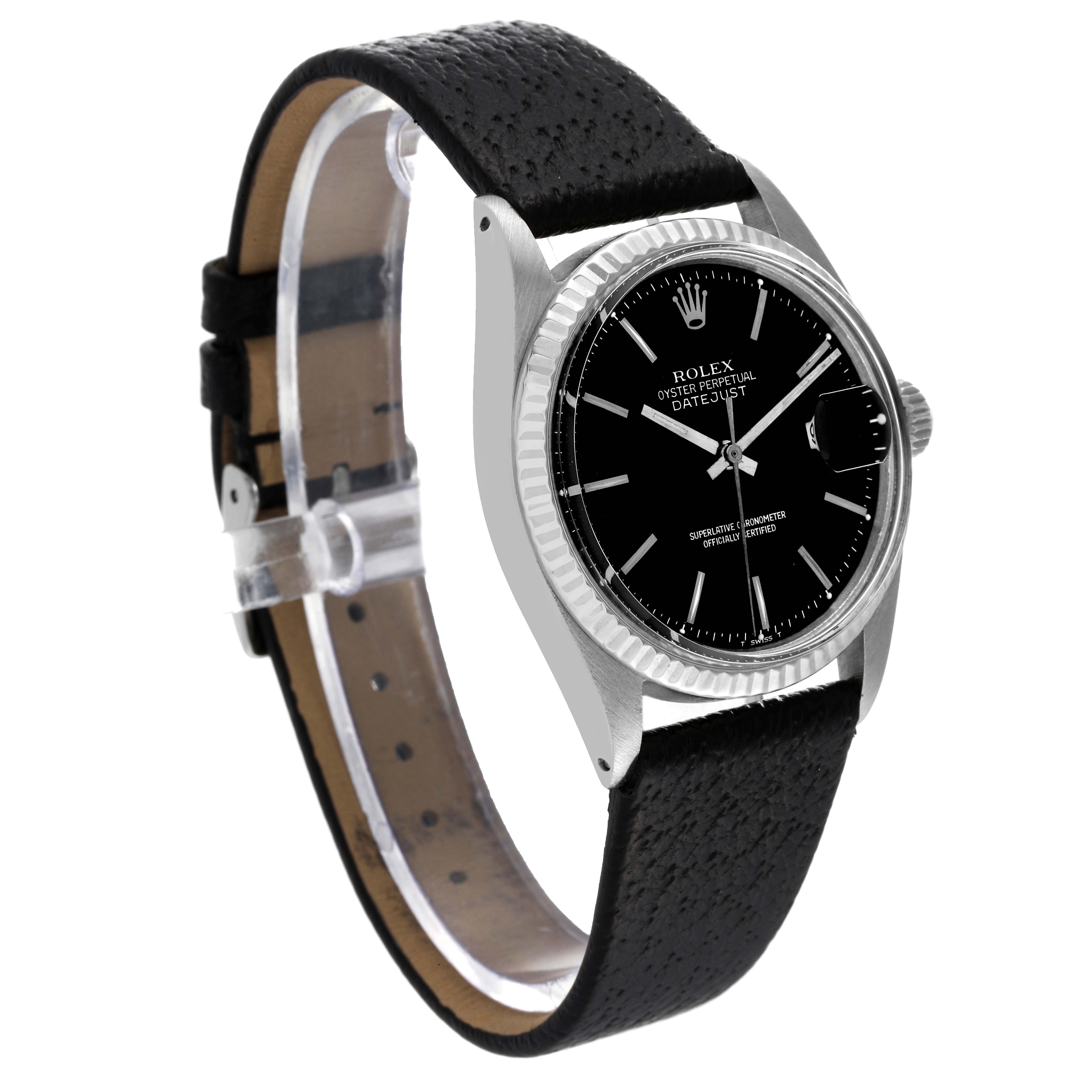 The image shows a side angle of the Rolex Vintage Collection 1601 Men's Stainless Steel Black Dial 1601 Men's Stainless Steel Black Dial Datejust watch with a black leather strap and a black dial.