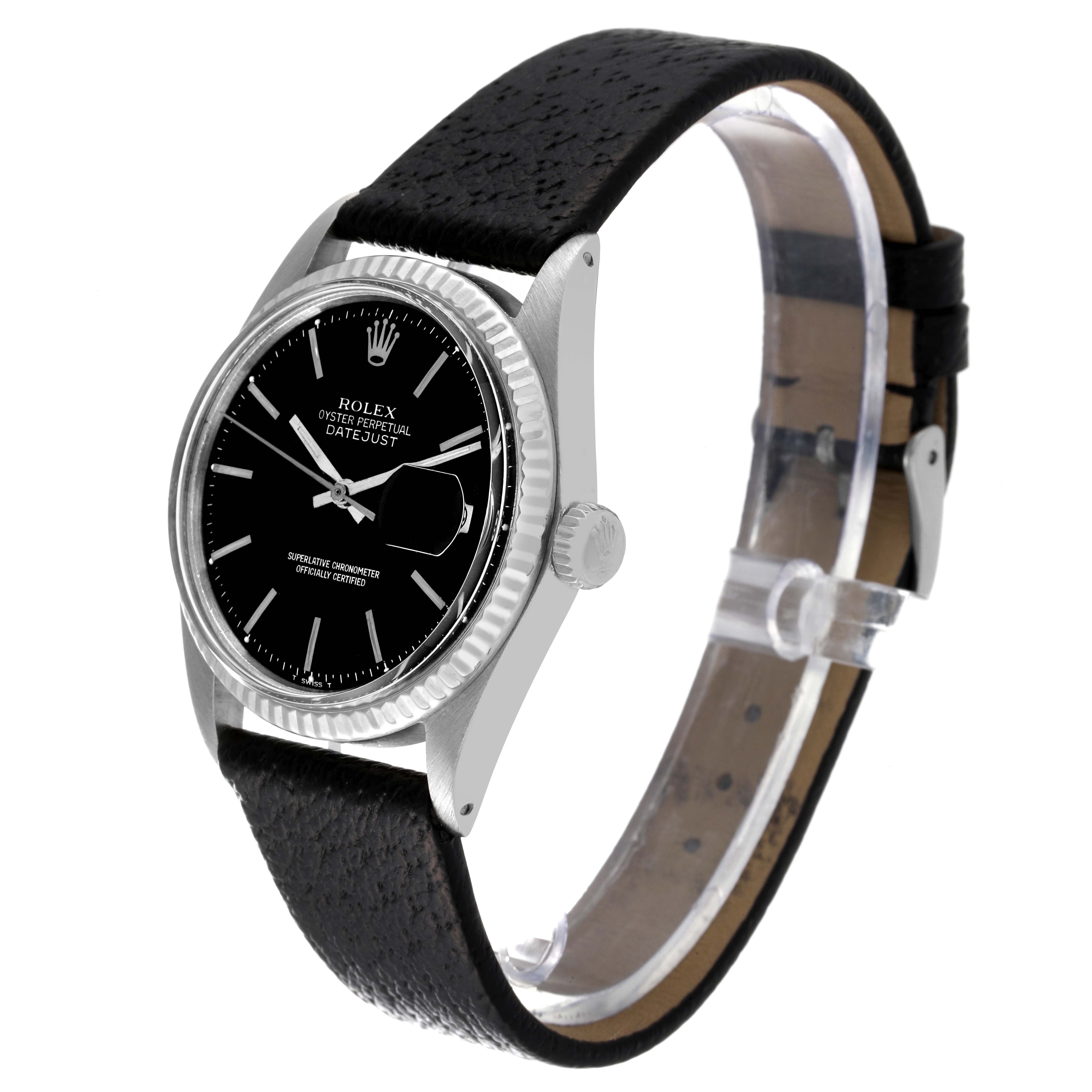 This image shows a side view of the Rolex Vintage Collection 1601 Men's Stainless Steel Black Dial 1601 Men's Stainless Steel Black Dial Datejust watch, focusing on the dial, bezel, case, and leather strap.