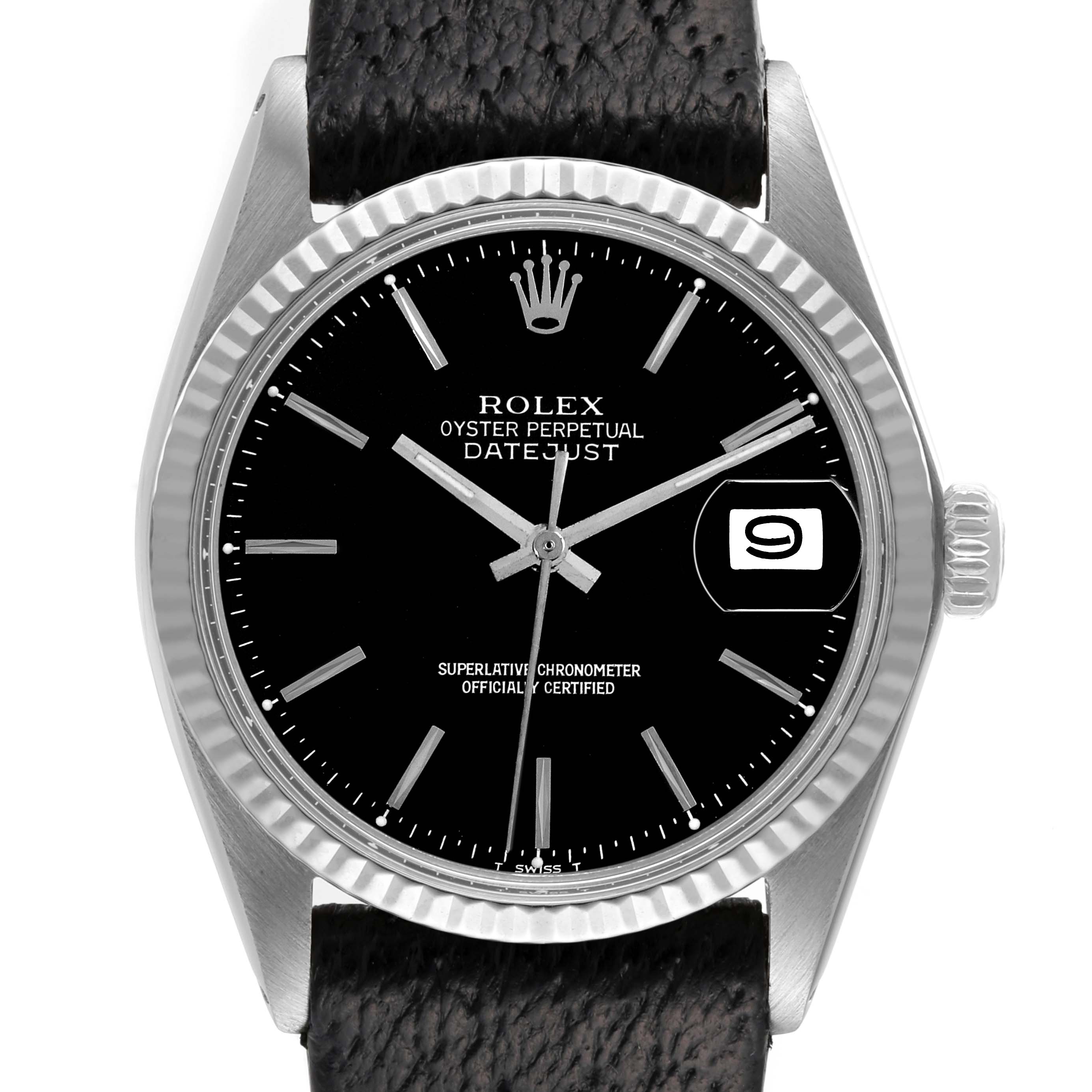The image shows a front view of a Rolex Vintage Collection 1601 Men's Stainless Steel Black Dial 1601 Men's Stainless Steel Black Dial Datejust watch, highlighting the black dial, date window, and crown.
