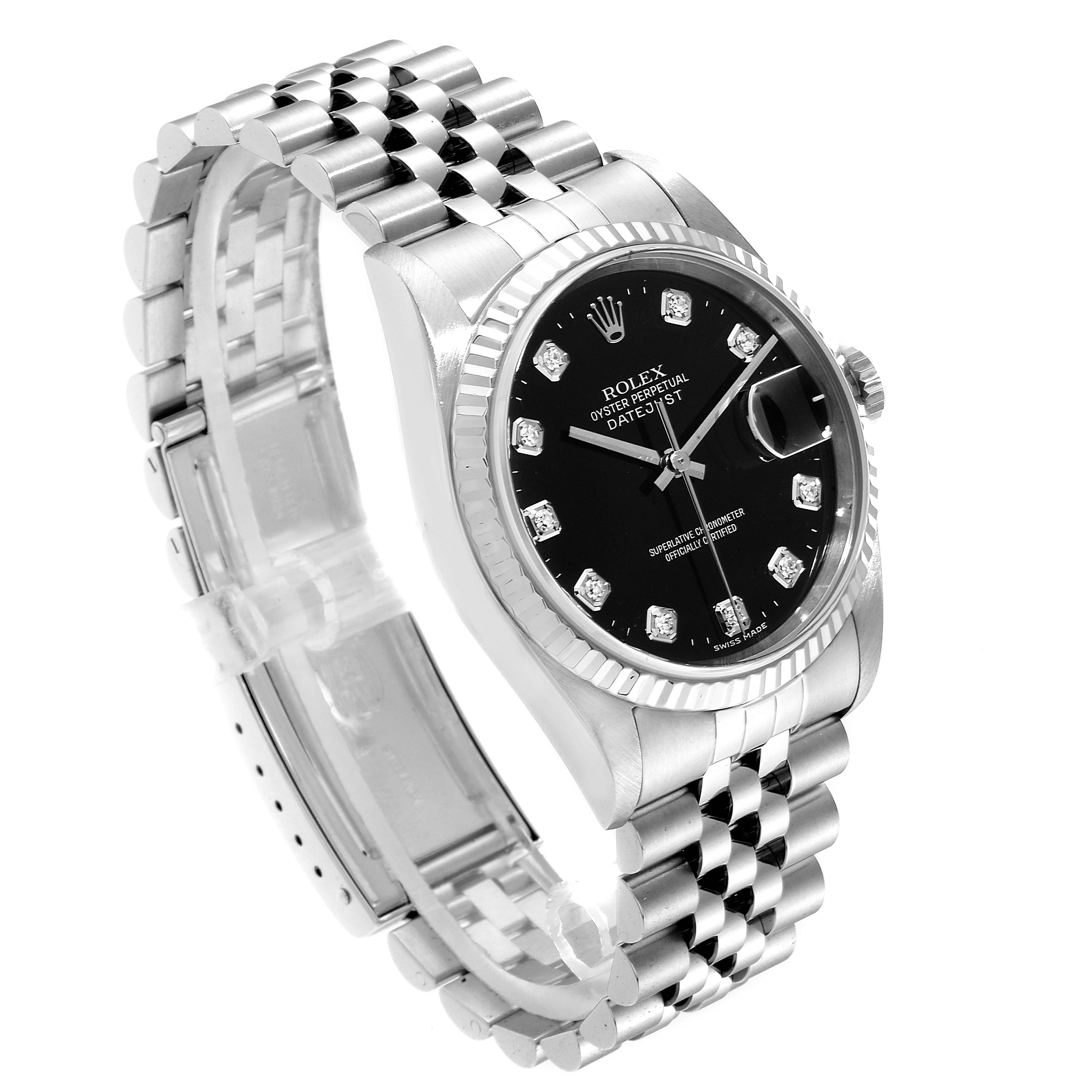 The image shows a side and angled view of a Rolex Datejust 16234 Men
s Stainless Steel Black Dial 16234 Men
s Stainless Steel Black Dial watch, highlighting the dial, bezel, bracelet, and clasp.
