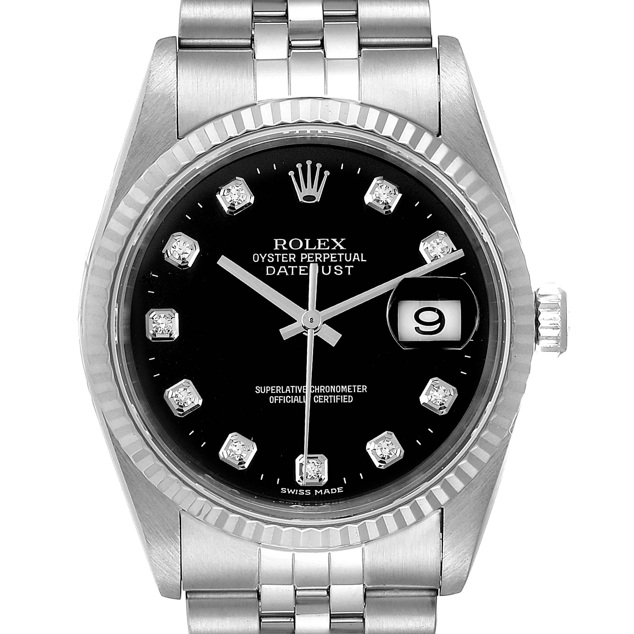 The image shows a front view of a Rolex Datejust 16234 Men
s Stainless Steel Black Dial 16234 Men
s Stainless Steel Black Dial model, featuring the watch face, bezel, crown, and part of the bracelet.
