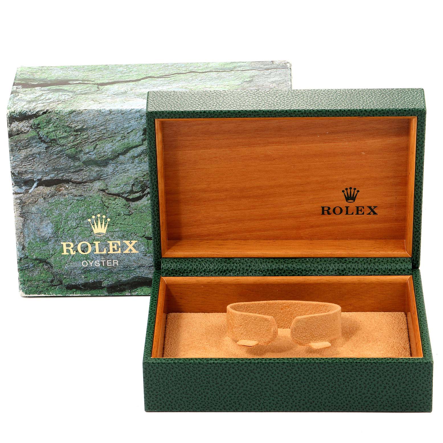 The image shows an open Rolex Datejust 16234 Men
s Stainless Steel Black Dial 16234 Men
s Stainless Steel Black Dial box and a green external box, showcasing the watch
s display casing.