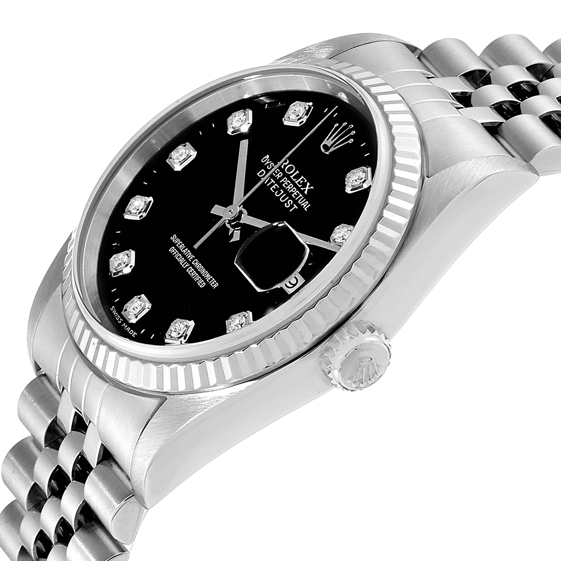 The image shows a Rolex Datejust 16234 Men
s Stainless Steel Black Dial 16234 Men
s Stainless Steel Black Dial watch at an angled side view, highlighting the dial, bezel, and partially the crown and bracelet.