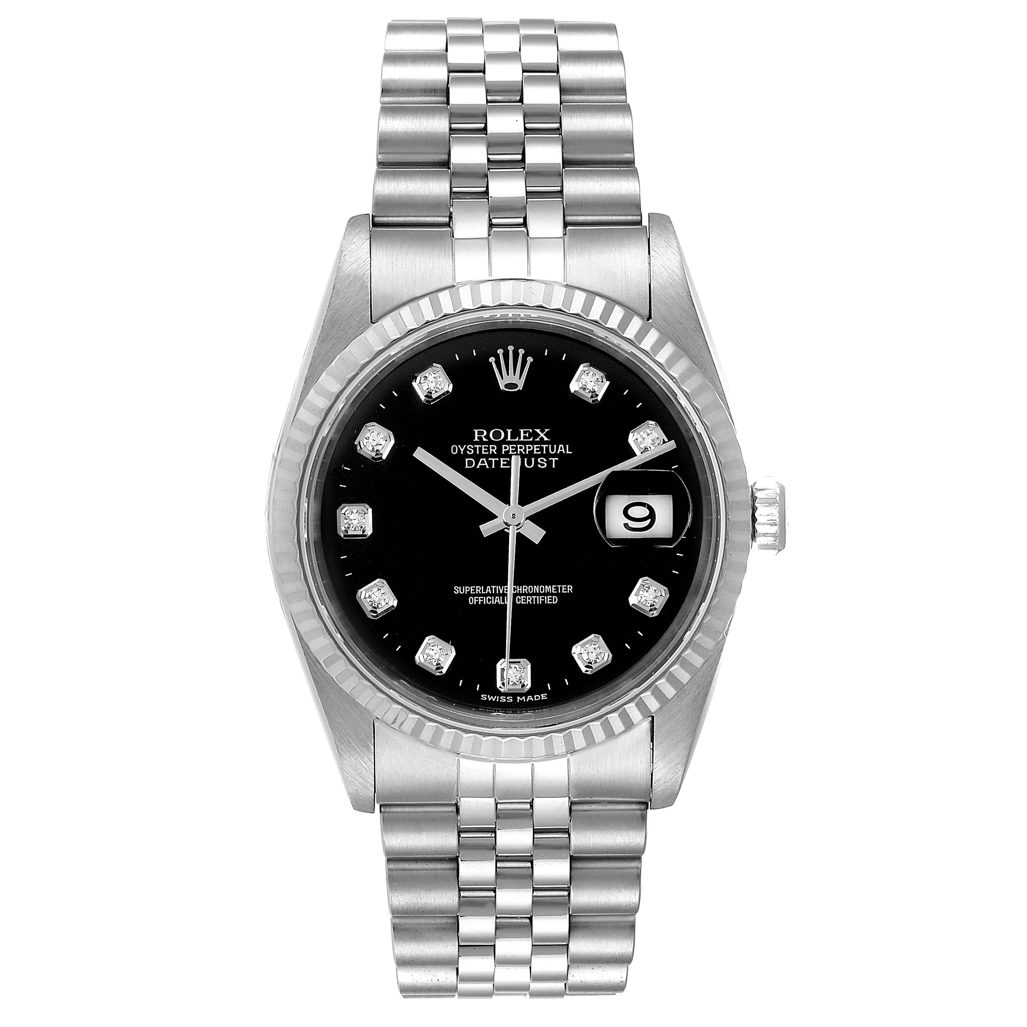 The image shows a front view of a Rolex Datejust 16234 Men
s Stainless Steel Black Dial 16234 Men
s Stainless Steel Black Dial watch, displaying the dial, bezel, and bracelet.