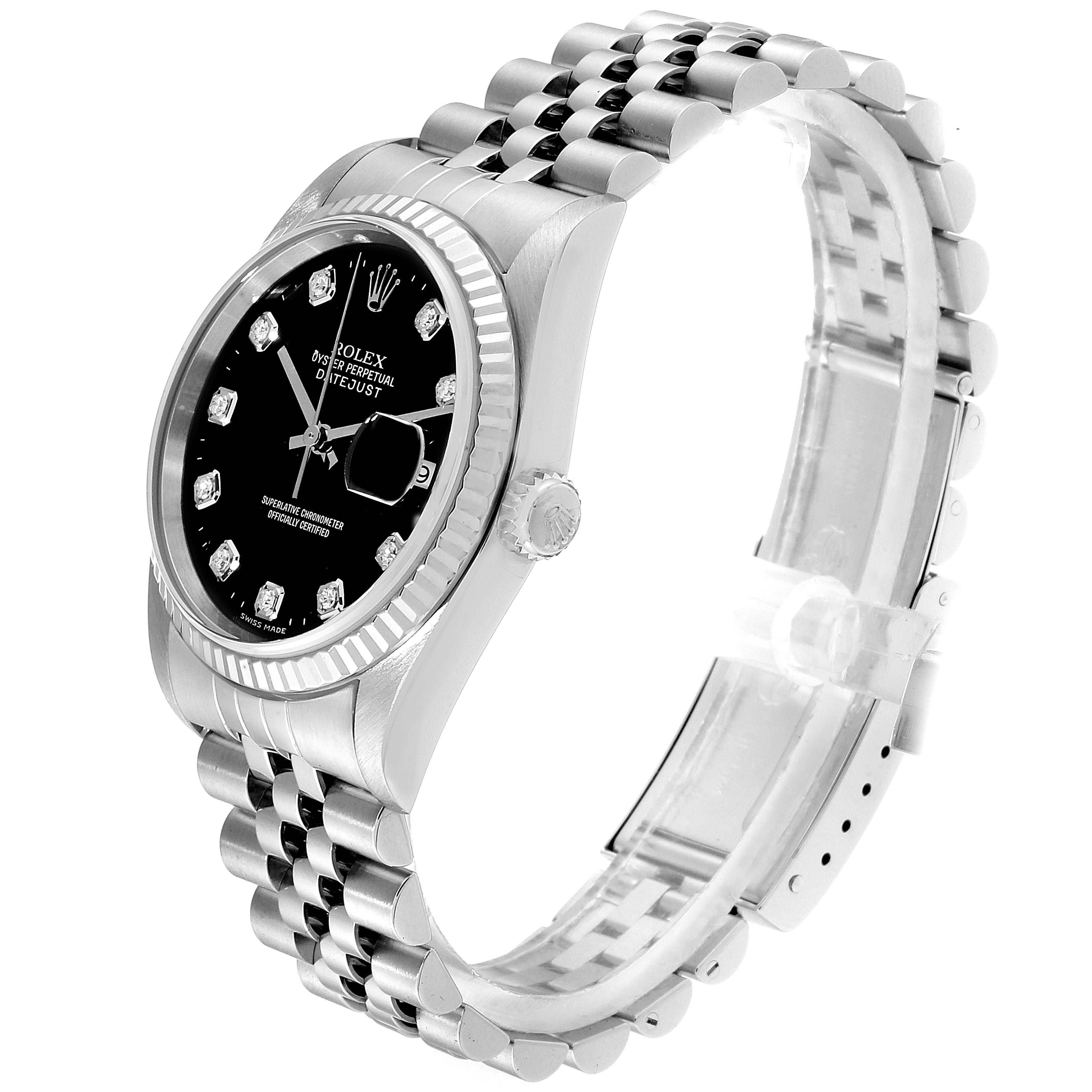 This image shows a side and front angle of the Rolex Datejust 16234 Men
s Stainless Steel Black Dial 16234 Men
s Stainless Steel Black Dial watch, highlighting its dial, bezel, crown, and Jubilee bracelet.