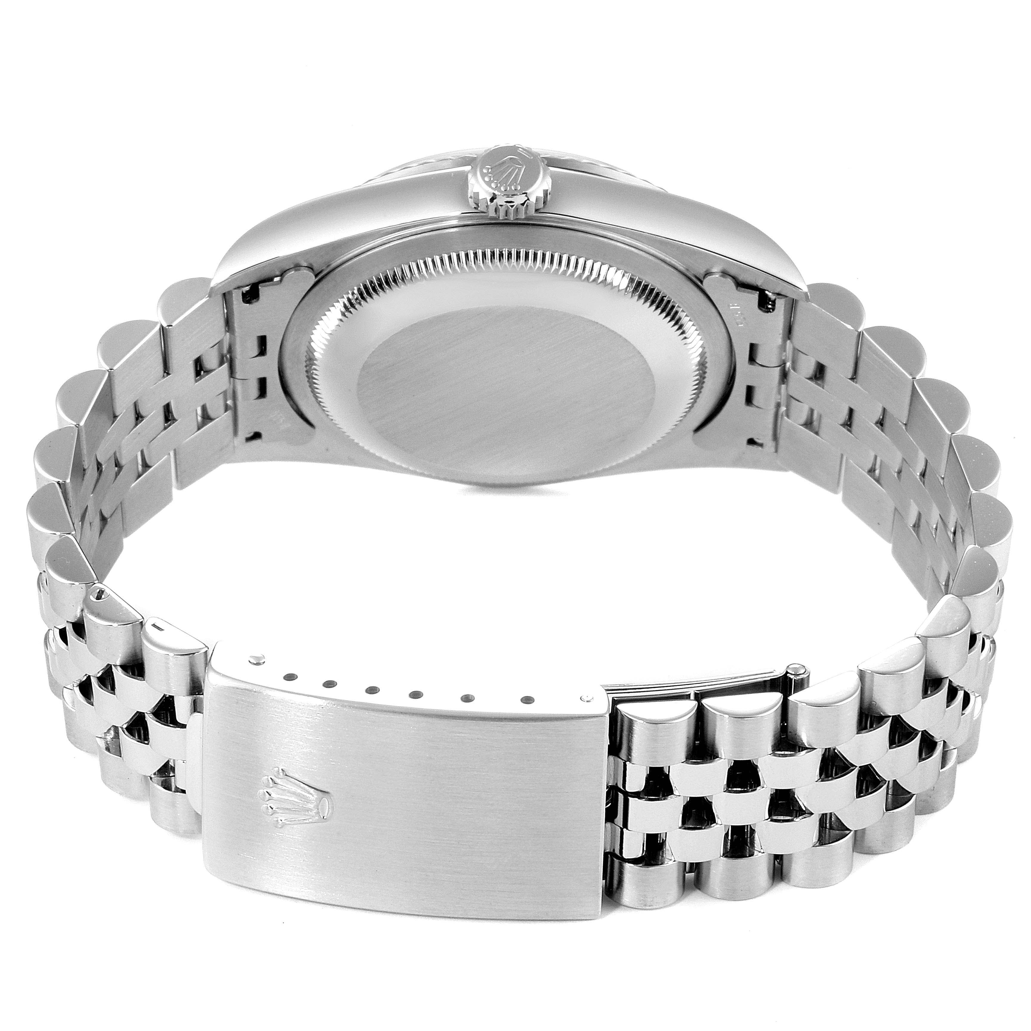 The image shows the back of a Rolex Datejust 16234 Men
s Stainless Steel Black Dial 16234 Men
s Stainless Steel Black Dial watch, highlighting the case back and Jubilee bracelet.