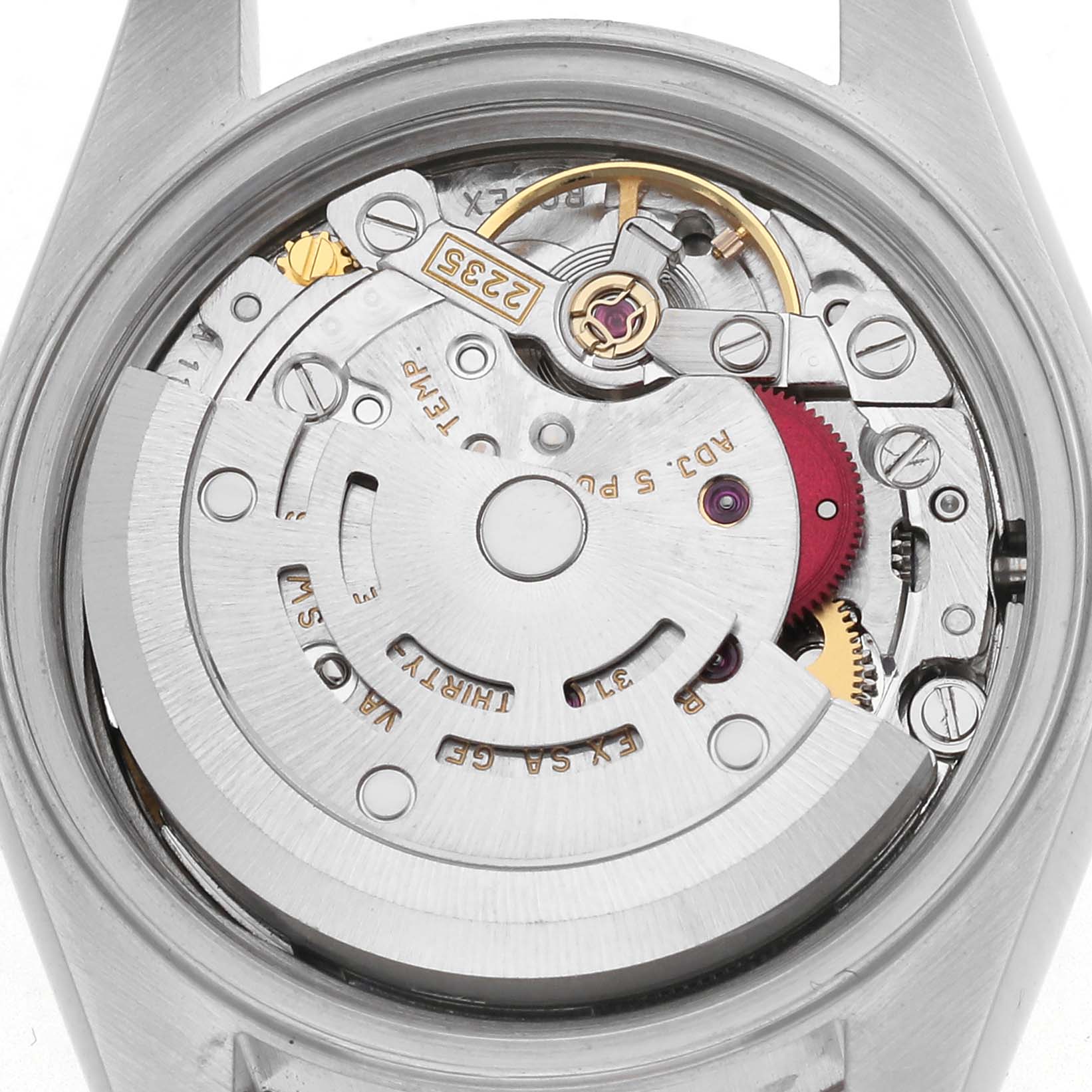 The image shows the movement mechanism of a Rolex Datejust 79174 Women
s Stainless Steel Blue Dial 79174 Women
s Stainless Steel Blue Dial watch viewed from the back without the case cover.