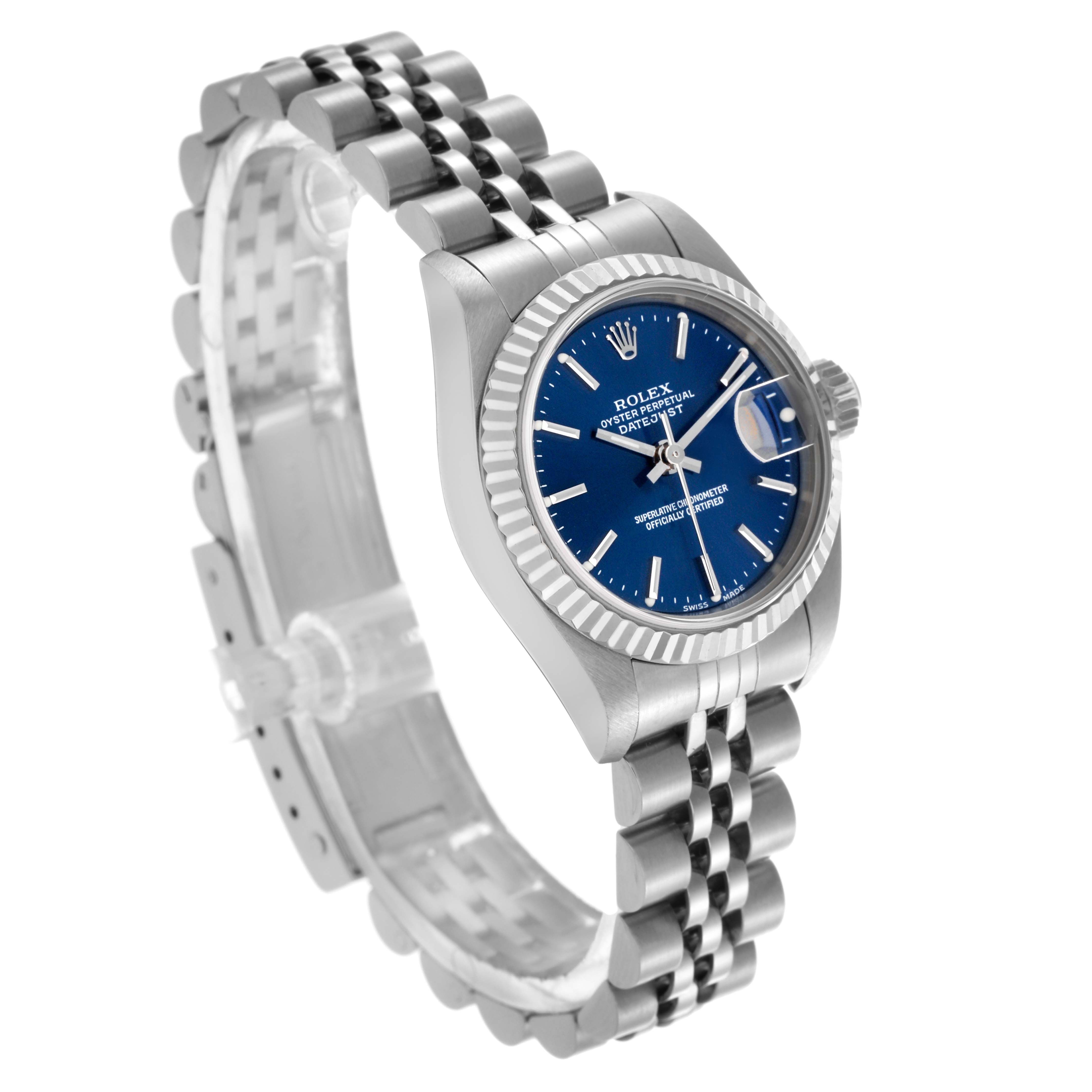 The image shows a Rolex Datejust 79174 Women
s Stainless Steel Blue Dial 79174 Women
s Stainless Steel Blue Dial watch at a three-quarter angle, highlighting the face, bezel, case, and Jubilee bracelet.