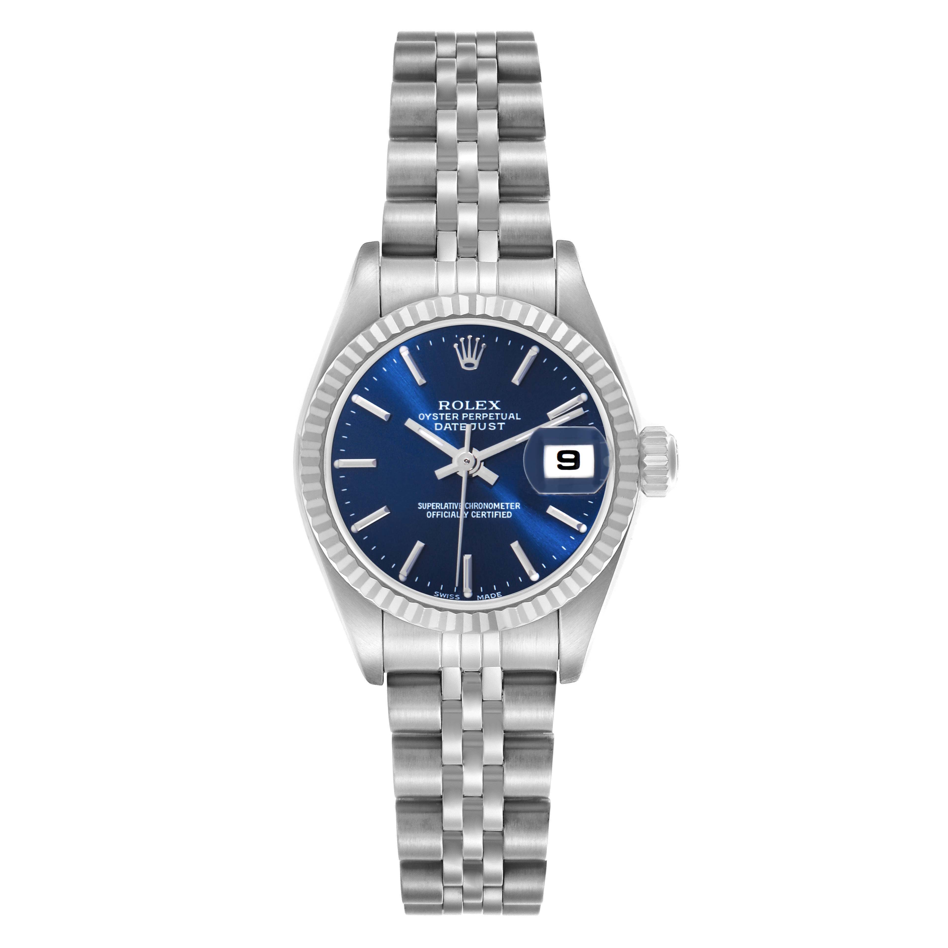 The Rolex Datejust 79174 Women
s Stainless Steel Blue Dial 79174 Women
s Stainless Steel Blue Dial is shown from the front, highlighting its blue dial, date display, bezel, and bracelet.