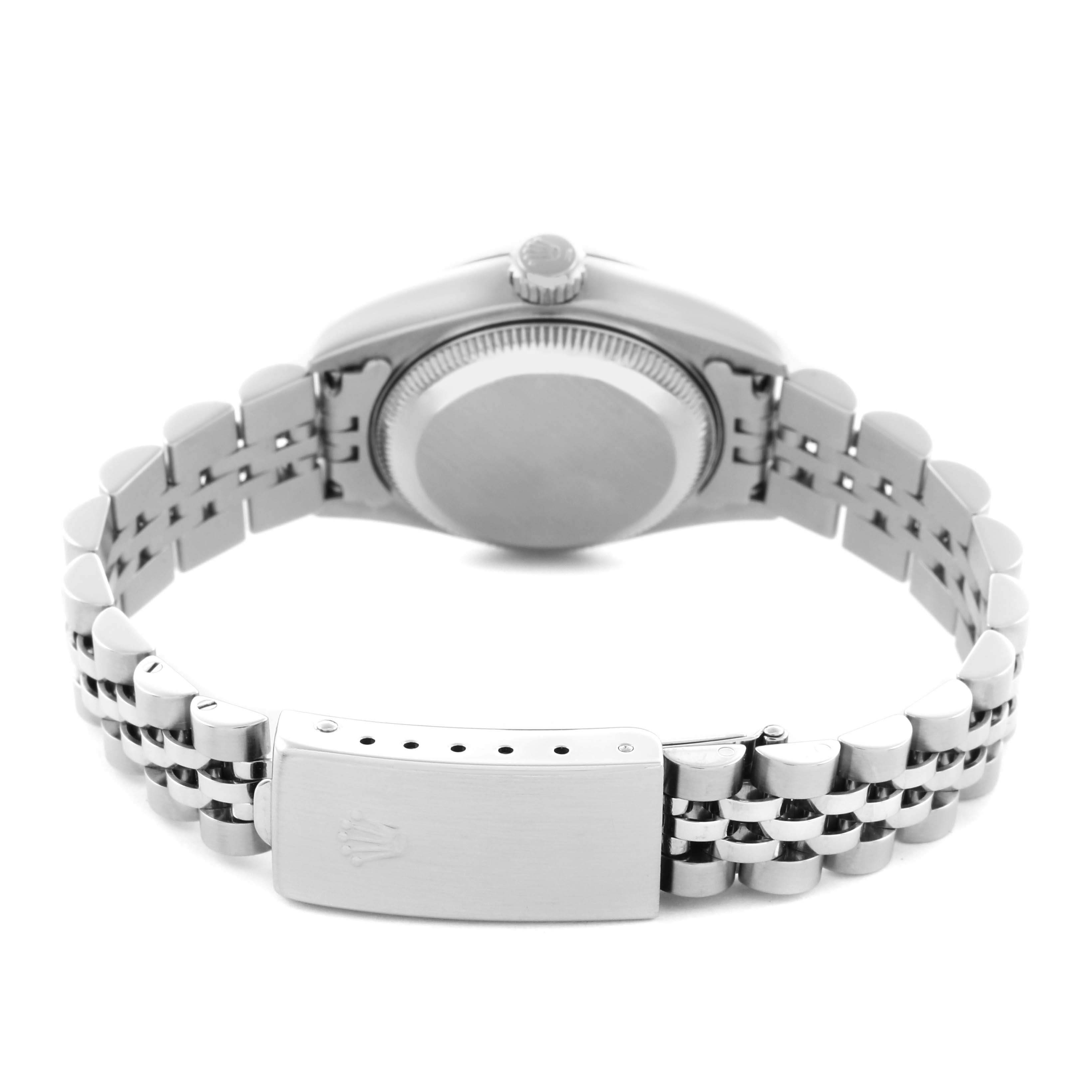 The image shows a Rolex Datejust 79174 Women
s Stainless Steel Blue Dial 79174 Women
s Stainless Steel Blue Dial watch from the rear, highlighting the case back, bracelet, and clasp.