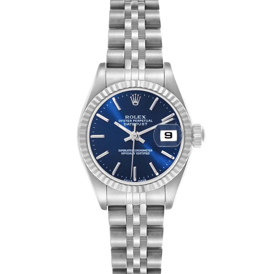The image shows a front view of a Rolex Datejust watch, displaying its blue dial, fluted bezel, and Jubilee bracelet.
