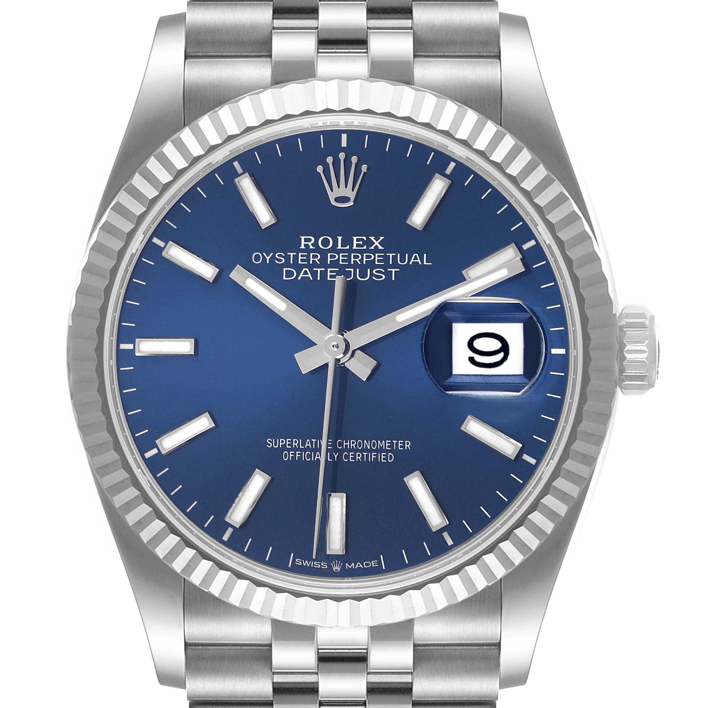 The image shows a Rolex Datejust 126234 Men's Stainless Steel Blue Dial 126234 Men's Stainless Steel Blue Dial watch from a front angle, highlighting the blue dial, date window, and fluted bezel.