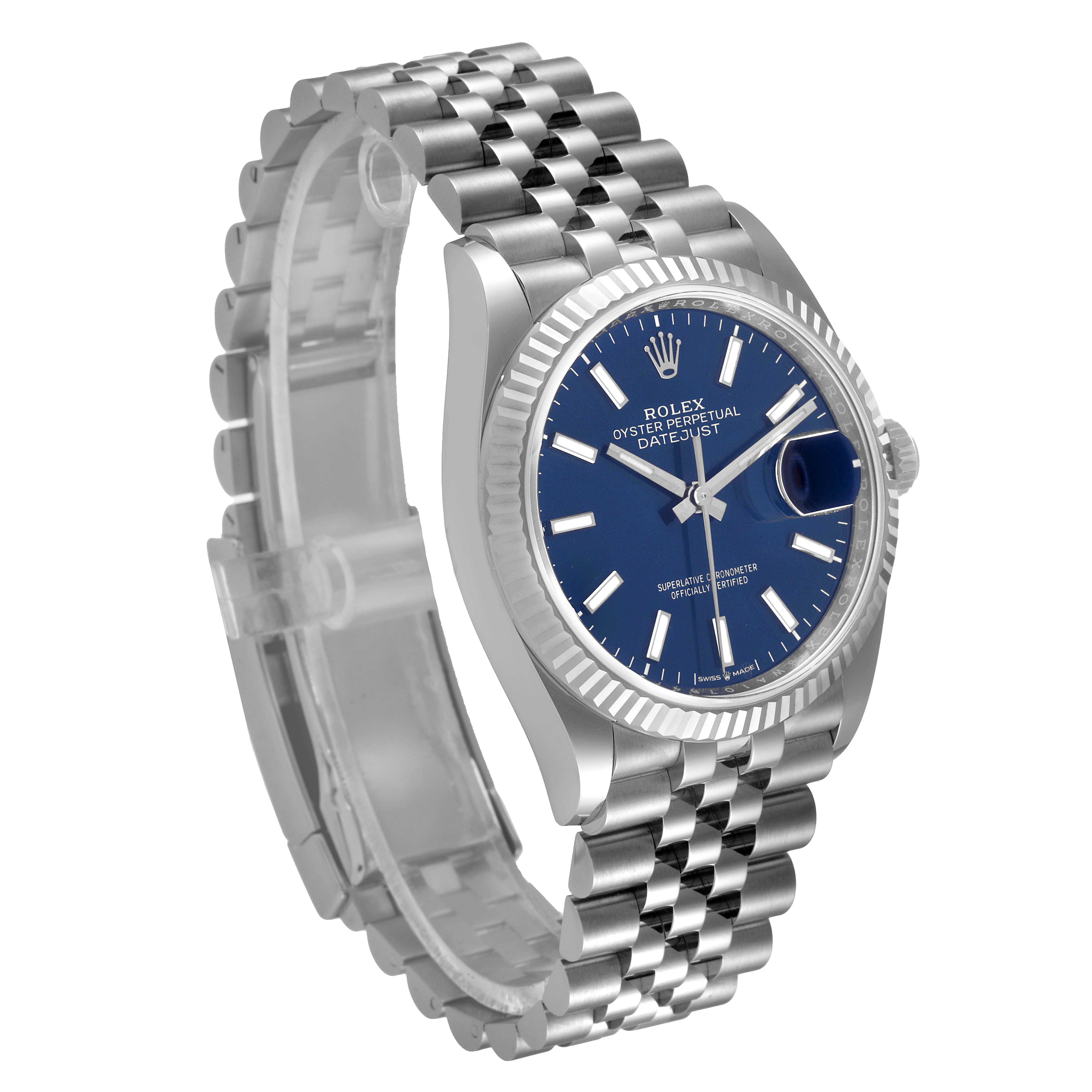 The image shows a Rolex Datejust 126234 Men's Stainless Steel Blue Dial 126234 Men's Stainless Steel Blue Dial watch, angled slightly to the left, featuring a blue dial, fluted bezel, and Jubilee bracelet.