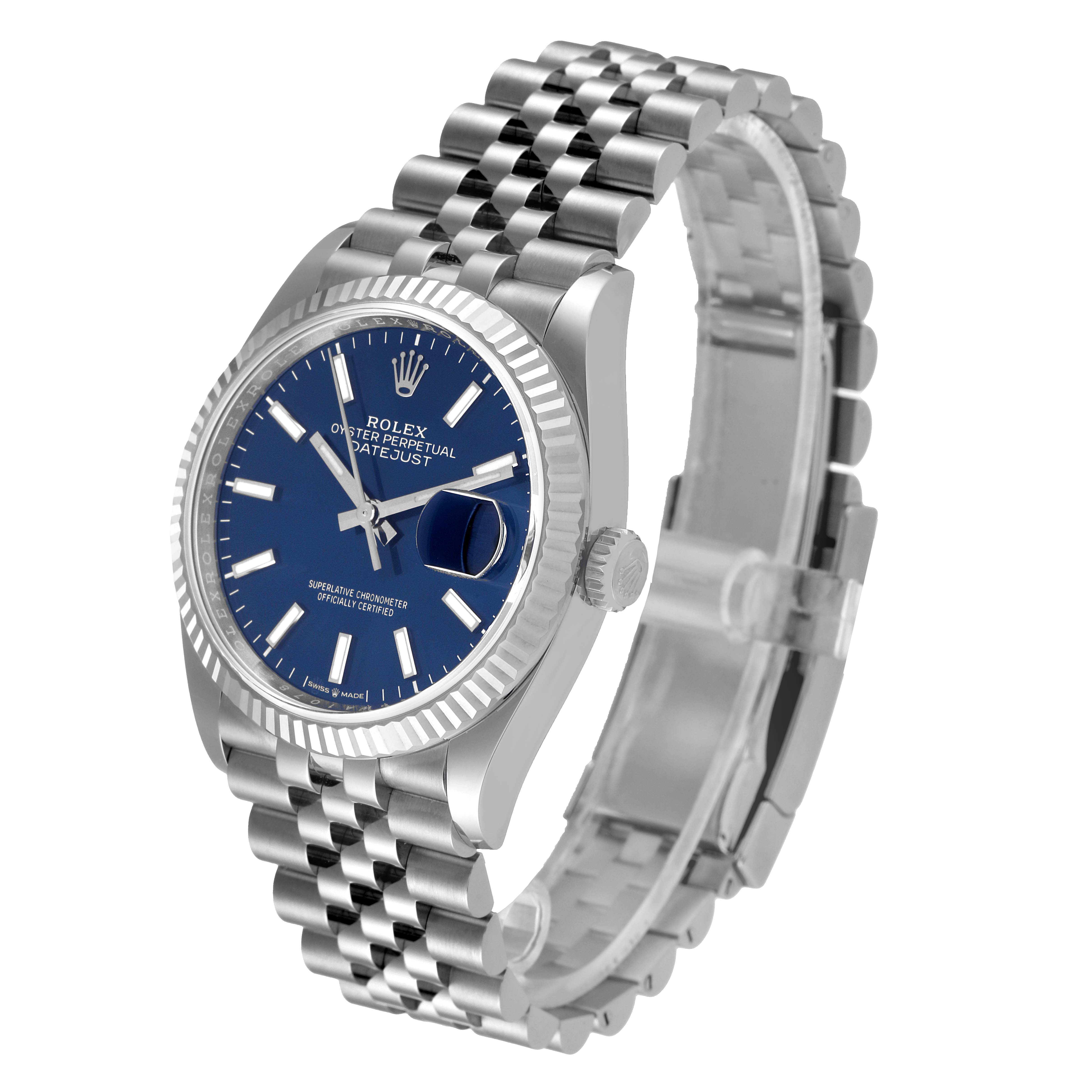 The Rolex Datejust 126234 Men's Stainless Steel Blue Dial 126234 Men's Stainless Steel Blue Dial watch is shown at a three-quarter angle, highlighting its face, bezel, crown, and bracelet.