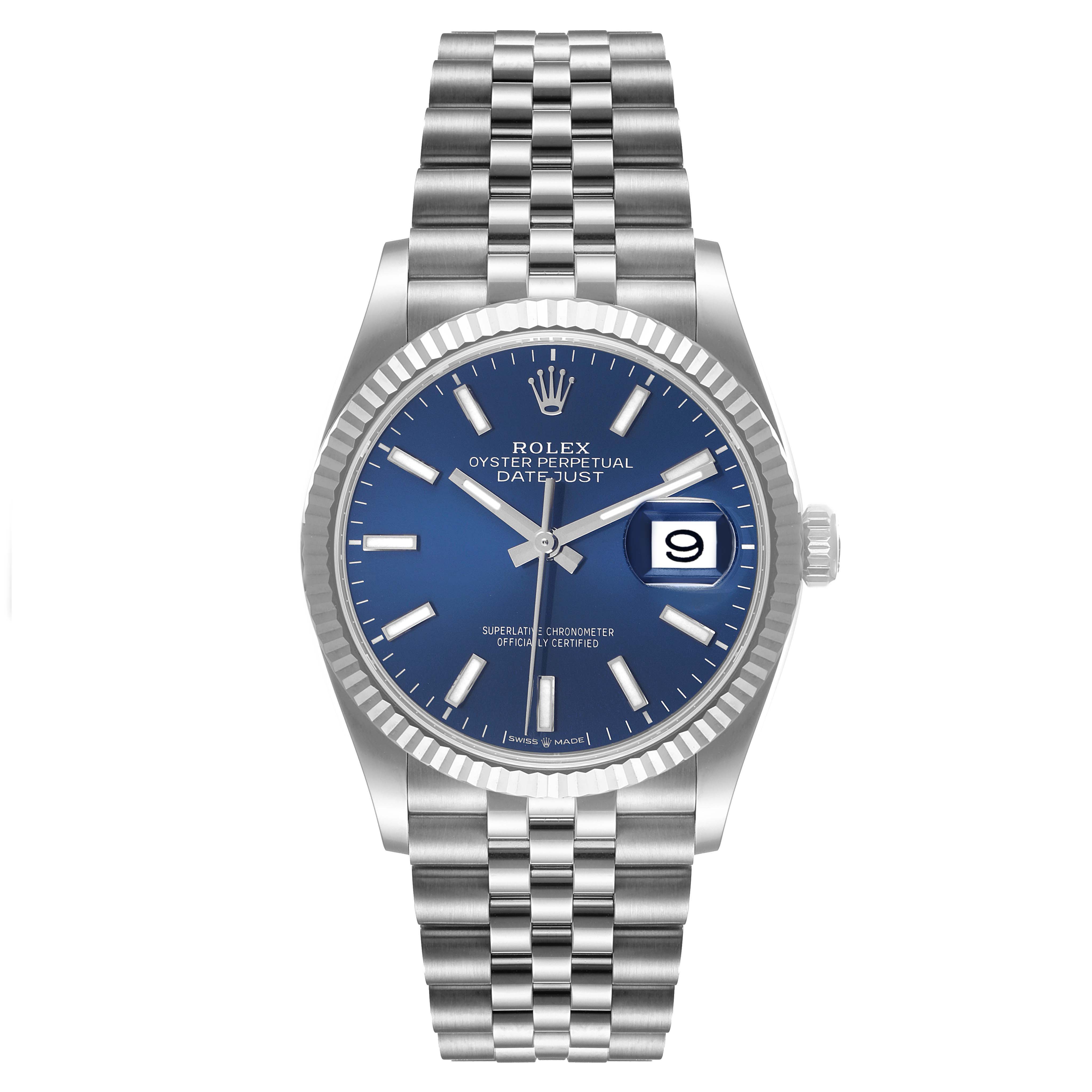 The Rolex Datejust 126234 Men's Stainless Steel Blue Dial 126234 Men's Stainless Steel Blue Dial watch is shown from a front angle, displaying its blue dial, date window, and stainless steel bracelet.