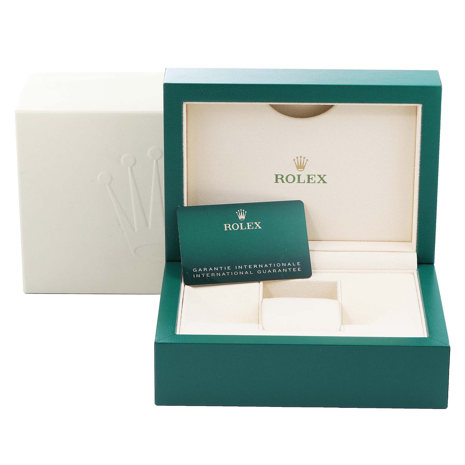 The image shows an open box for a Datejust model by Rolex, revealing the interior and an international guarantee card.