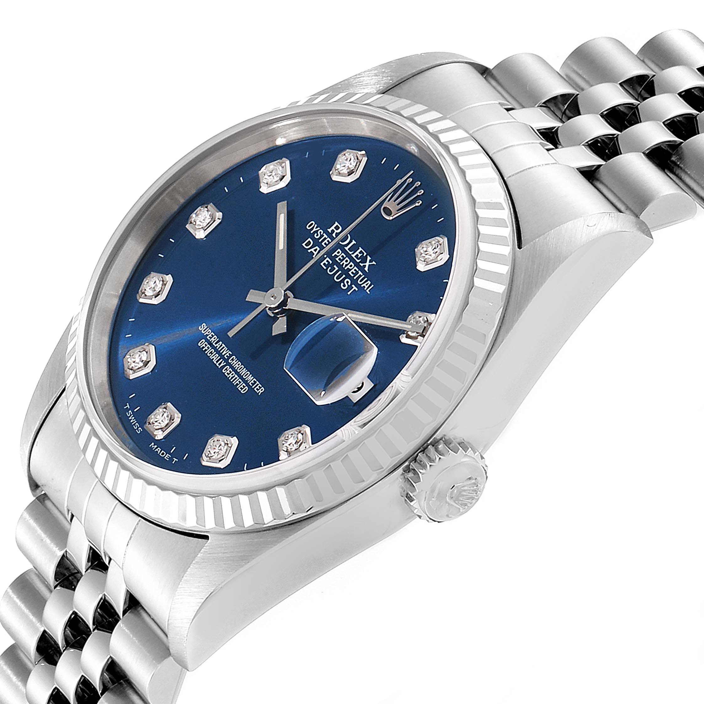 The image shows a close-up of the Rolex Datejust 16234 Men
s Stainless Steel Blue Dial 16234 Men
s Stainless Steel Blue Dial watch, focusing on the dial, bezel, and part of the bracelet at an angled view.